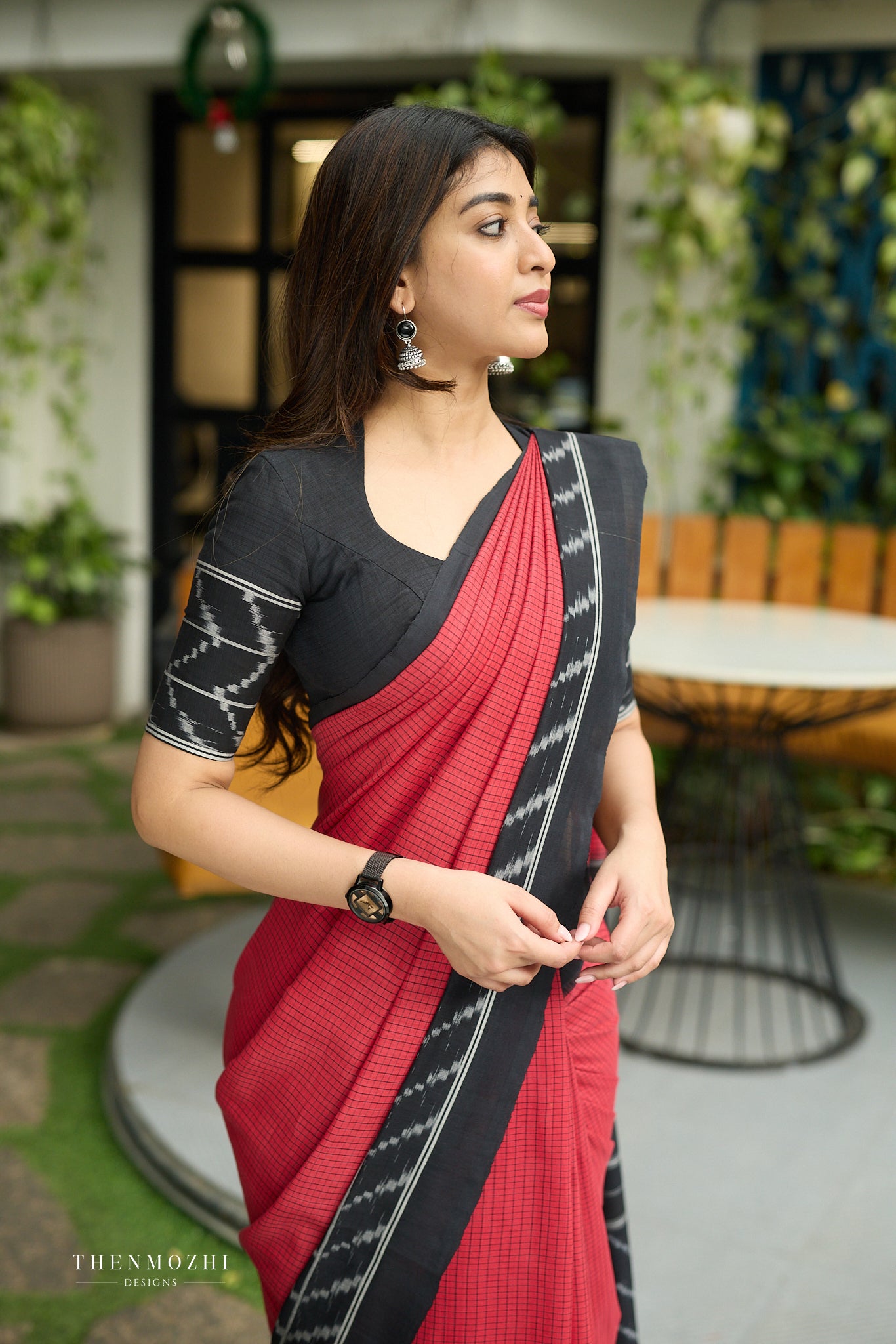 Deep Red & Midnight Black Ikat Cotton Saree