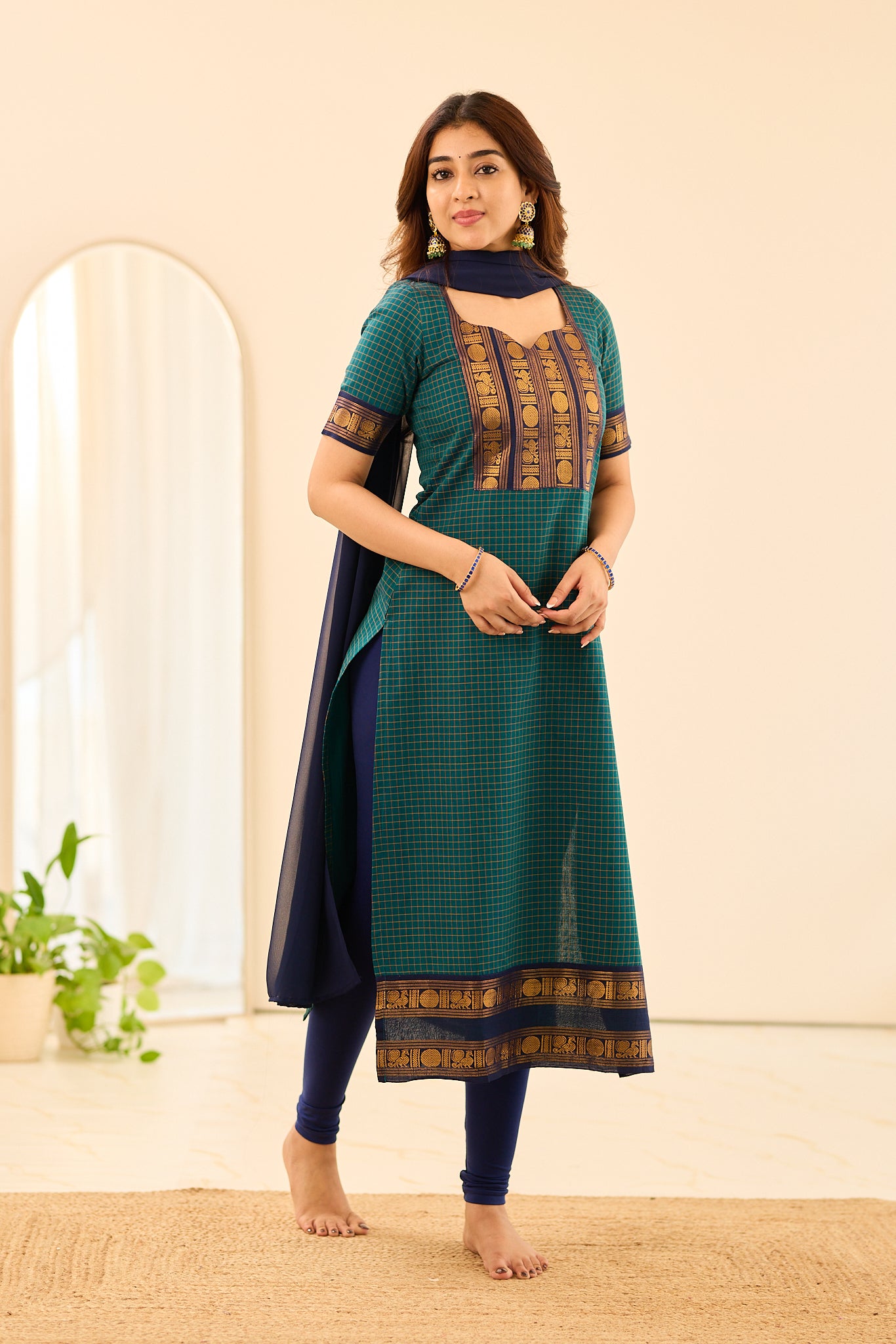 Deep Teal Green Checks Chettinad Cotton Salwar