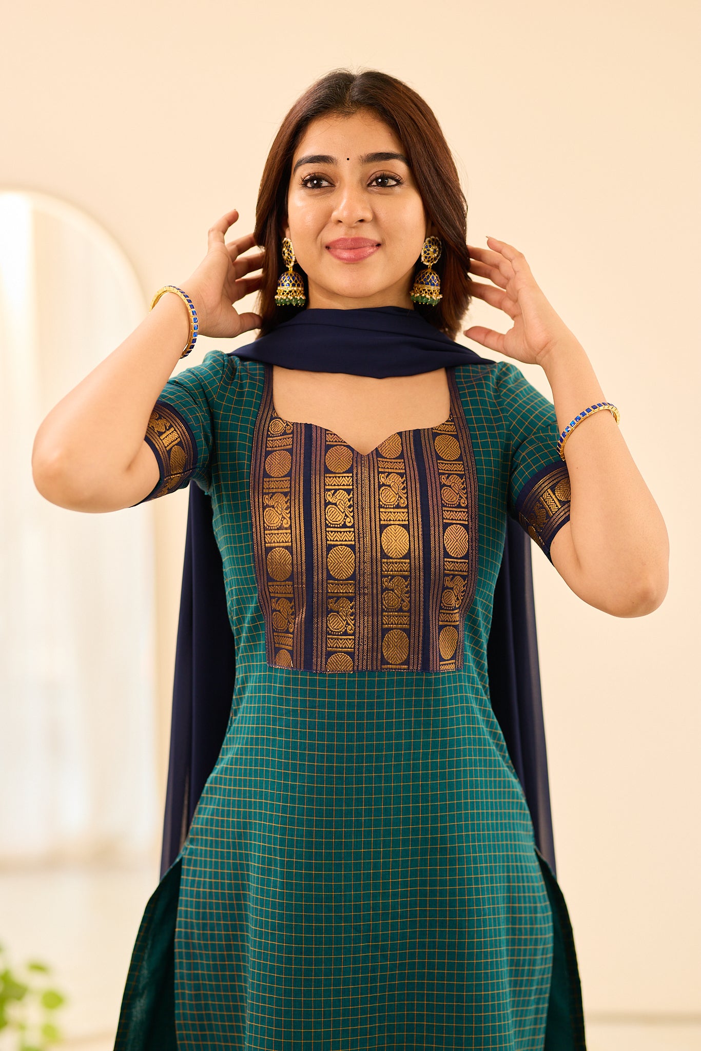 Deep Teal Green Checks Chettinad Cotton Salwar