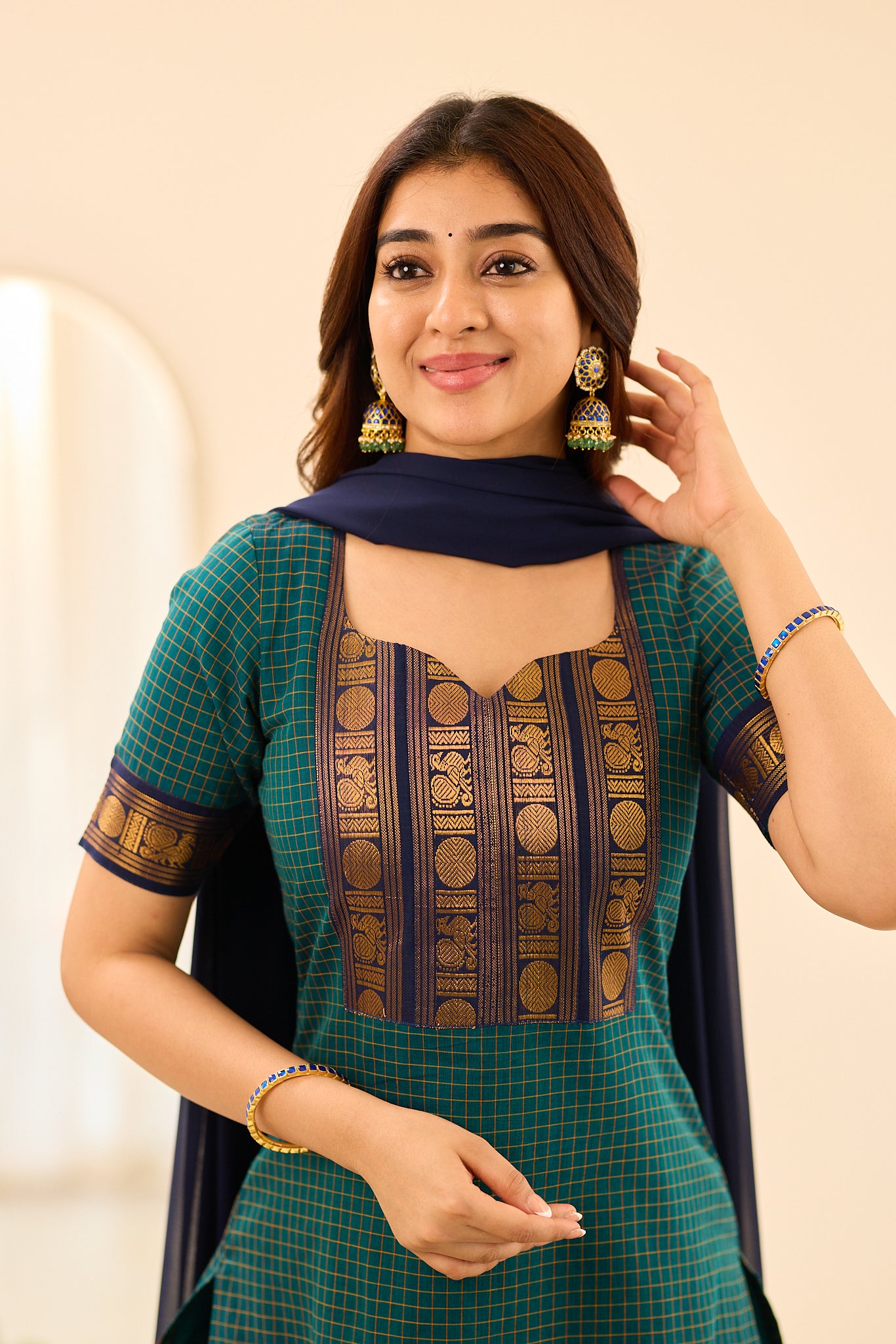 Deep Teal Green Checks Chettinad Cotton Salwar
