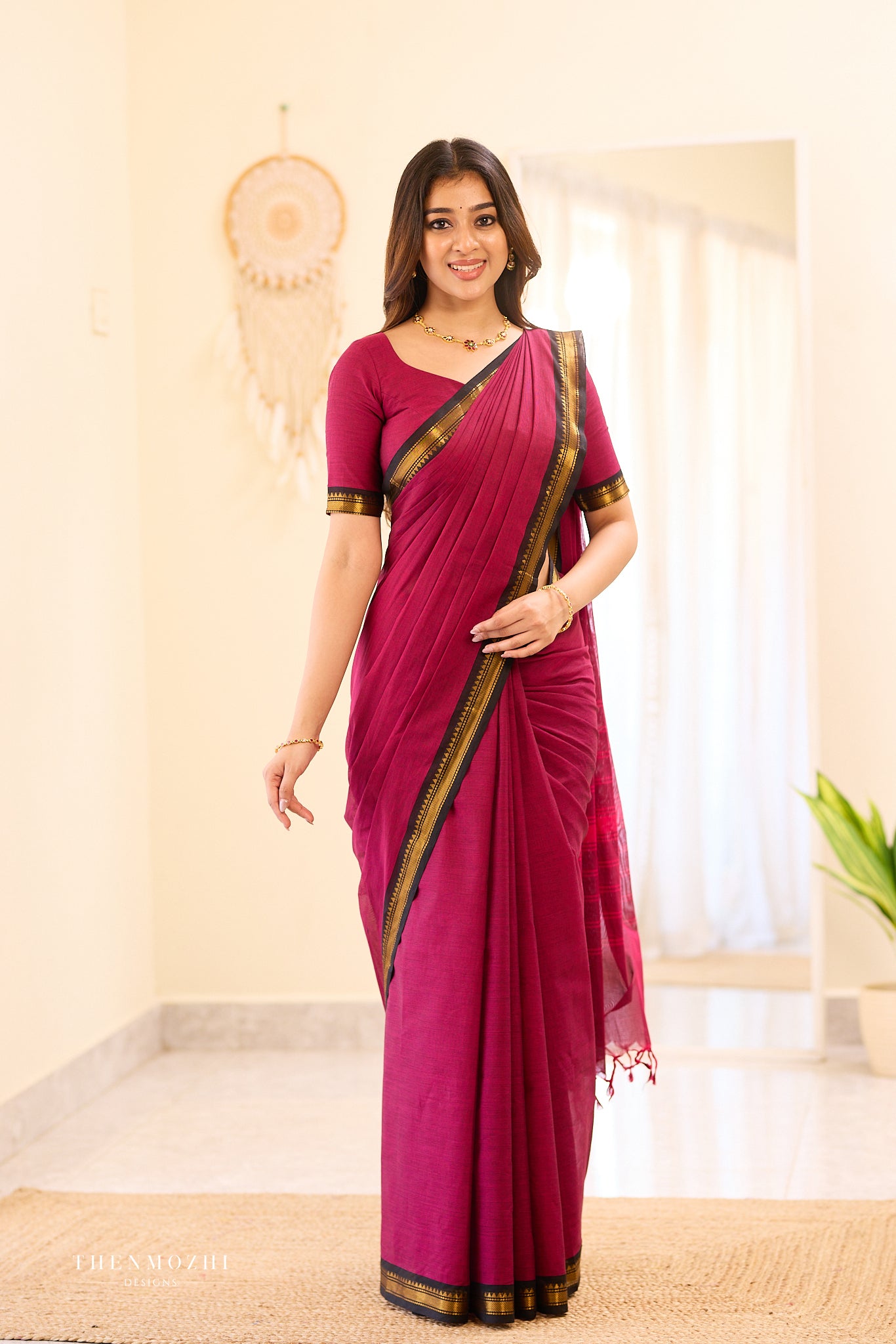 Deep Wine Pink with Black Border Chettinad Cotton Saree
