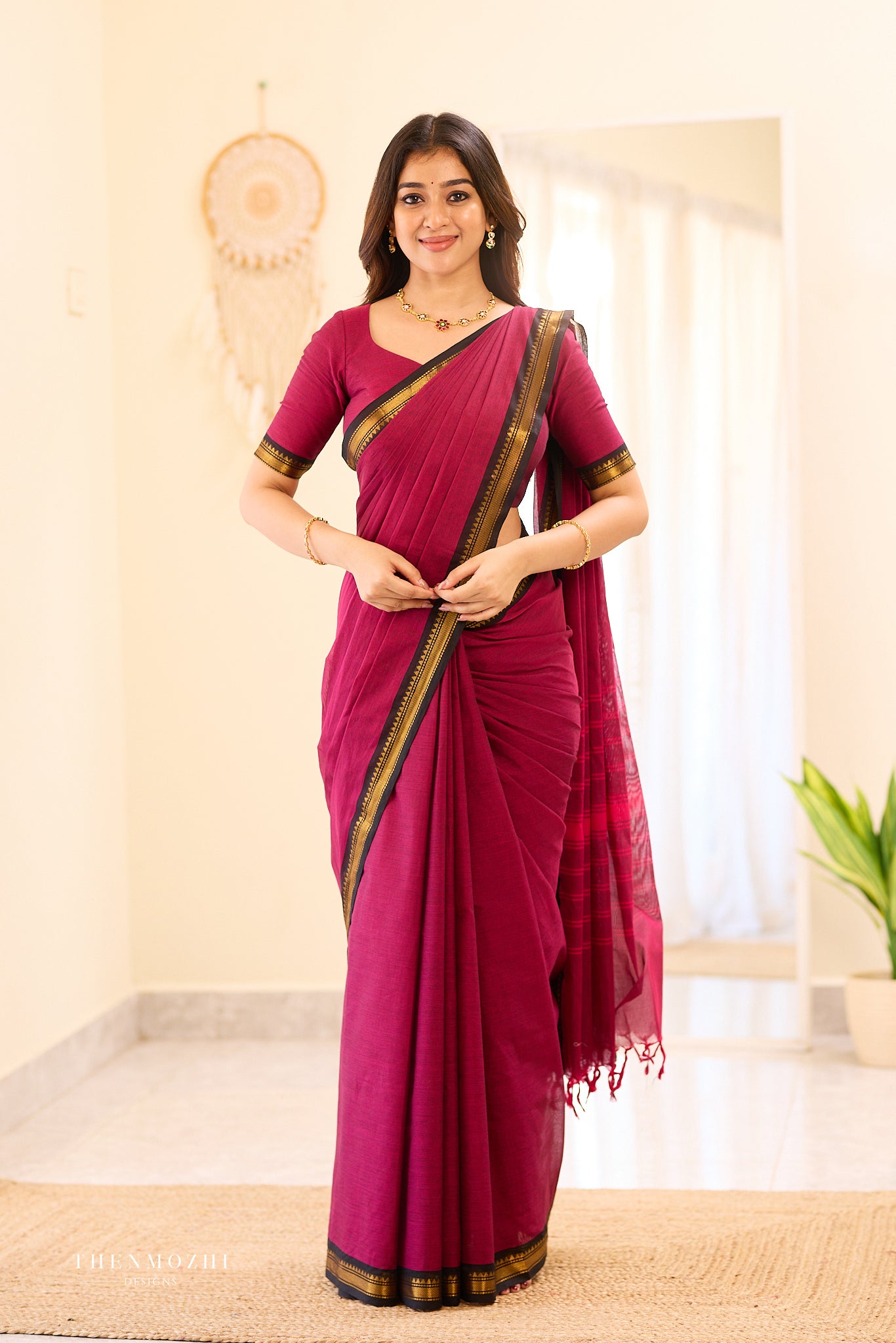 Deep Wine Pink with Black Border Chettinad Cotton Saree
