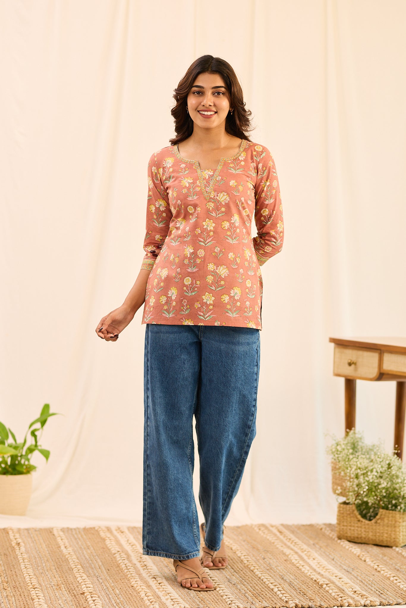 Dusty Coral with Yellow Floral Printed Cotton Short Kurti