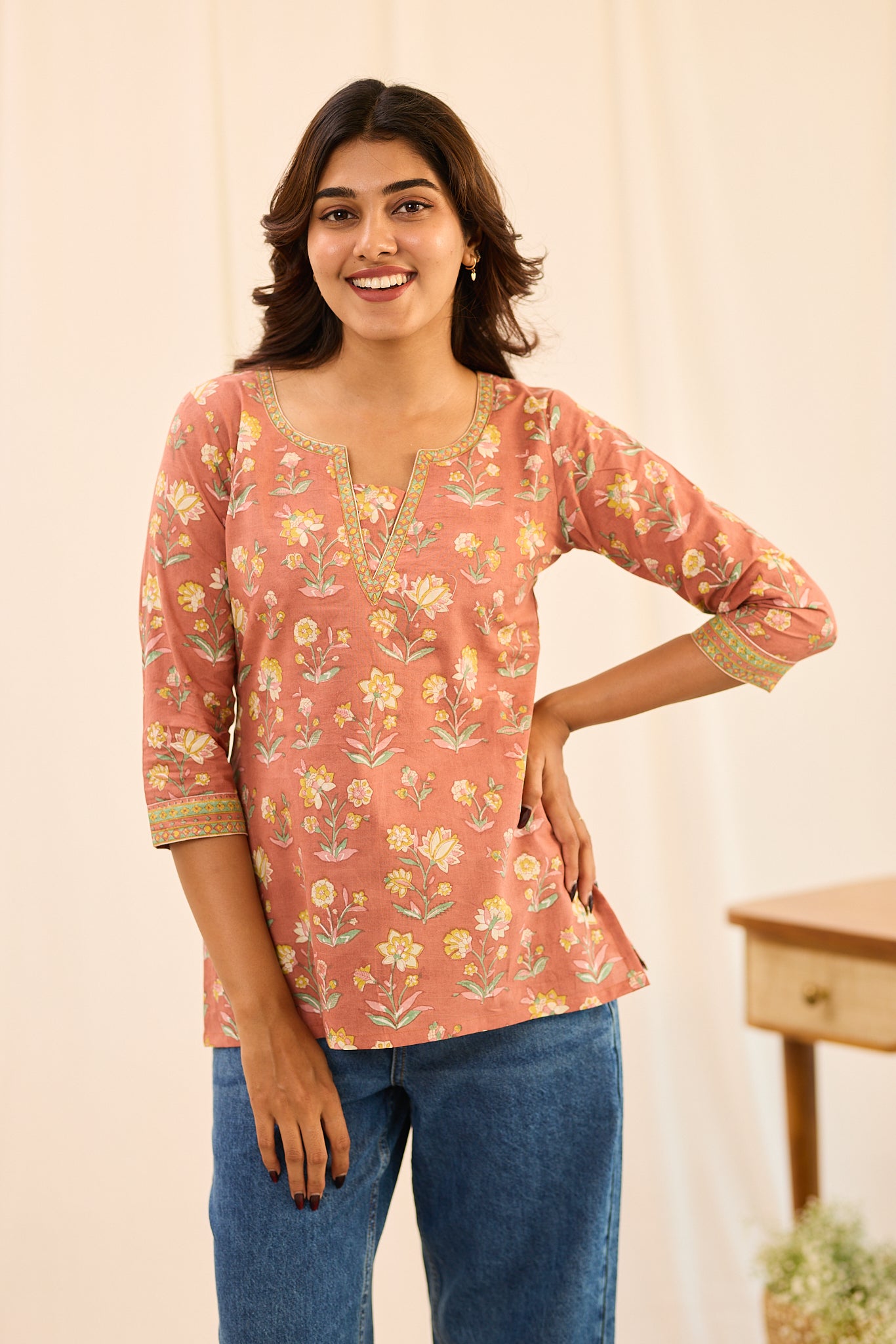Dusty Coral with Yellow Floral Printed Cotton Short Kurti