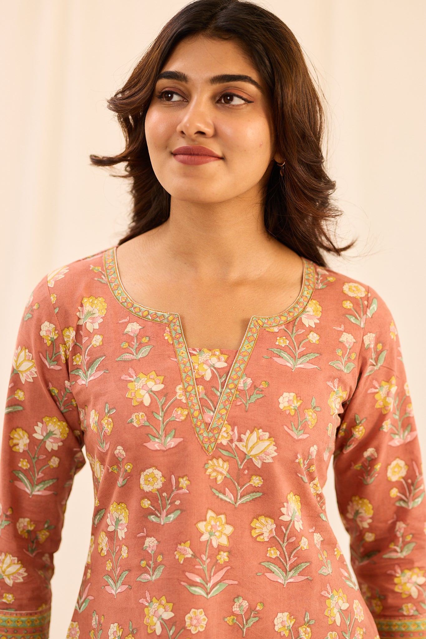 Dusty Coral with Yellow Floral Printed Cotton Short Kurti
