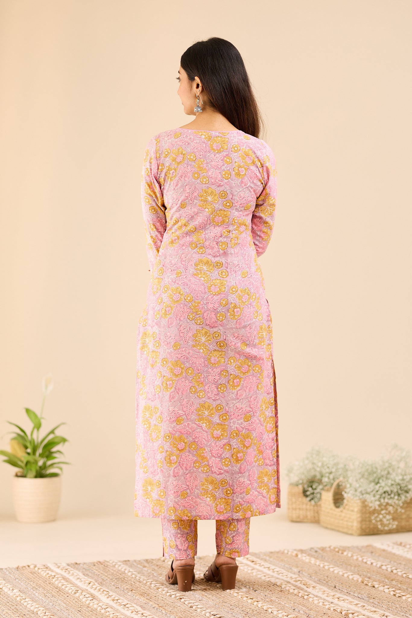 Dusty Lilac Floral Printed Cotton Suit-Set with Kota Dupatta