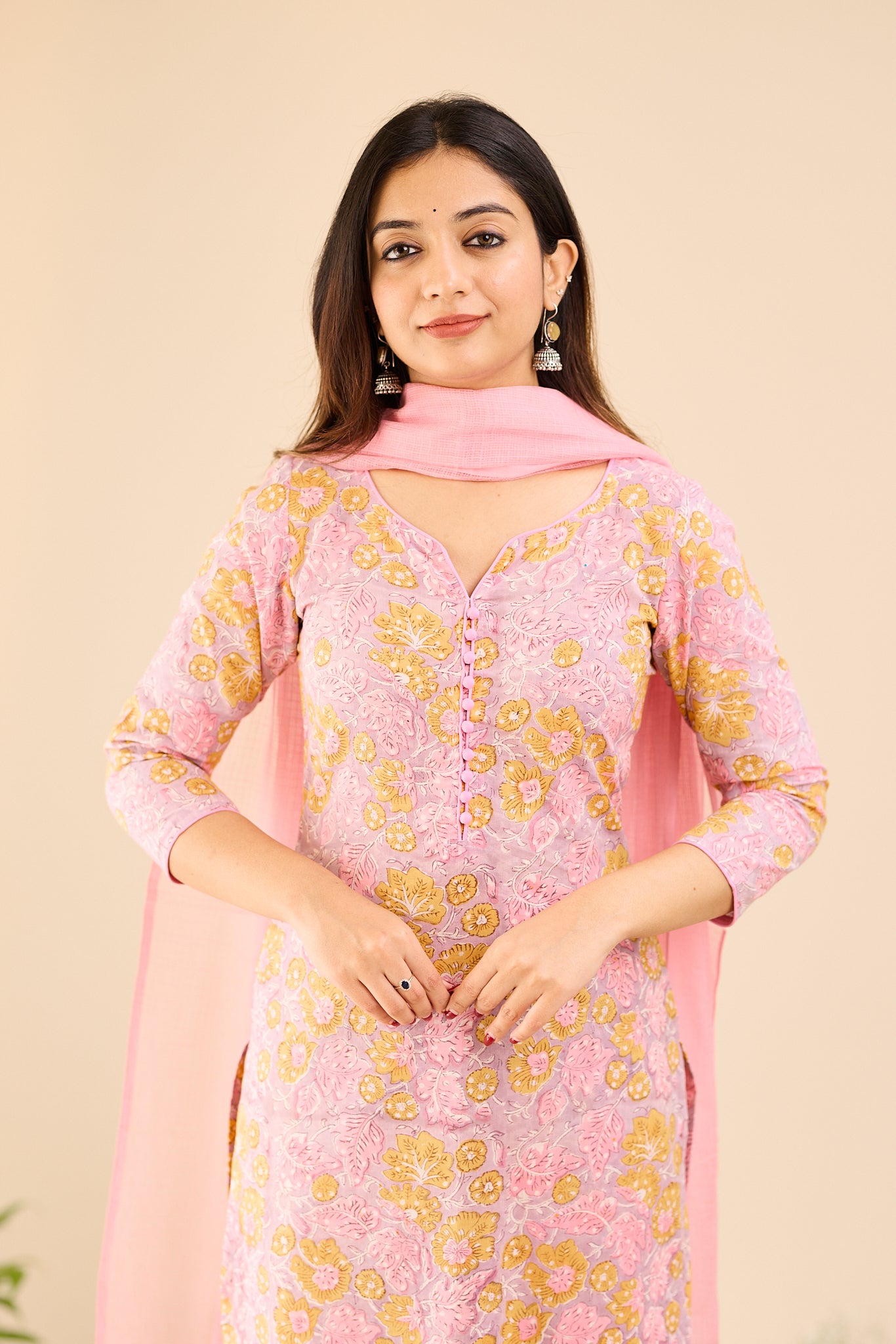 Dusty Lilac Floral Printed Cotton Suit-Set with Kota Dupatta