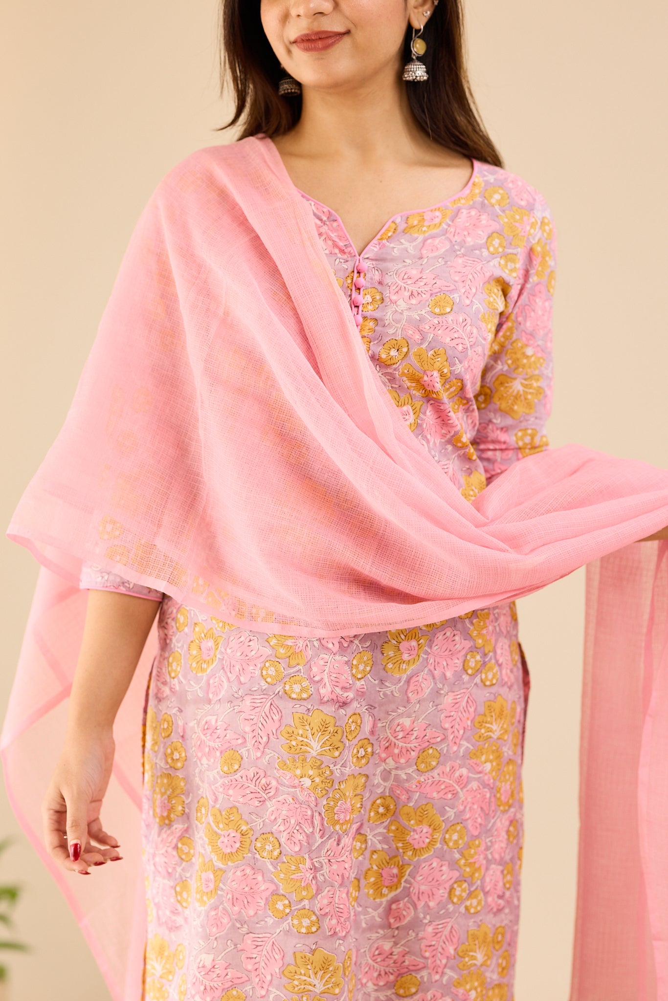 Dusty Lilac Floral Printed Cotton Suit-Set with Kota Dupatta