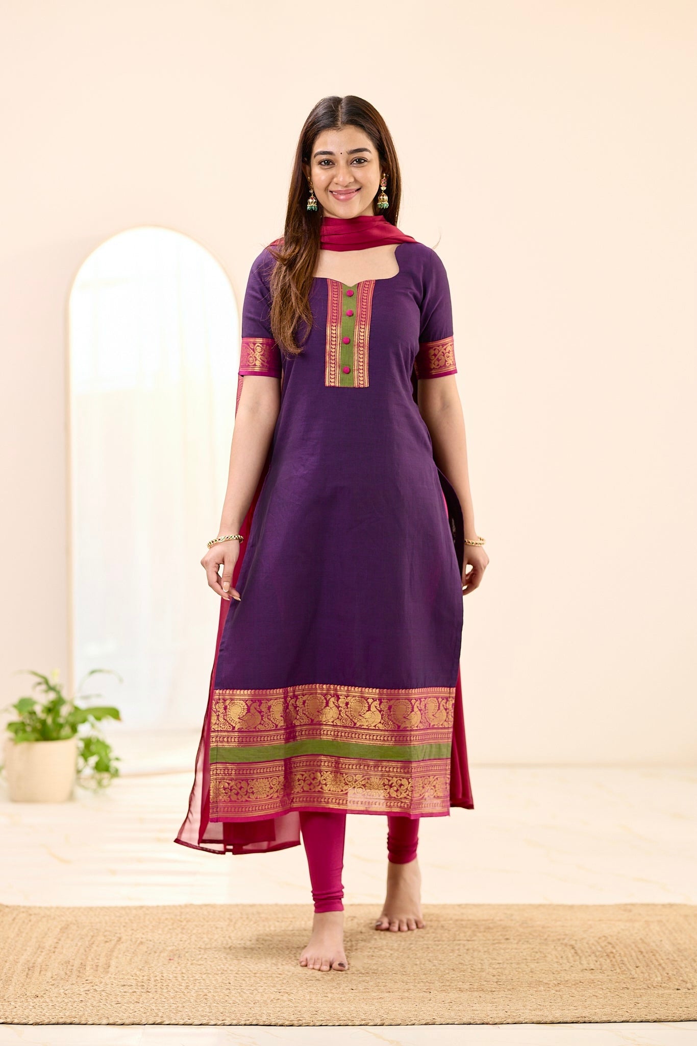 Deep Purple with Pink Zari Chettinad Cotton Top and Dupatta