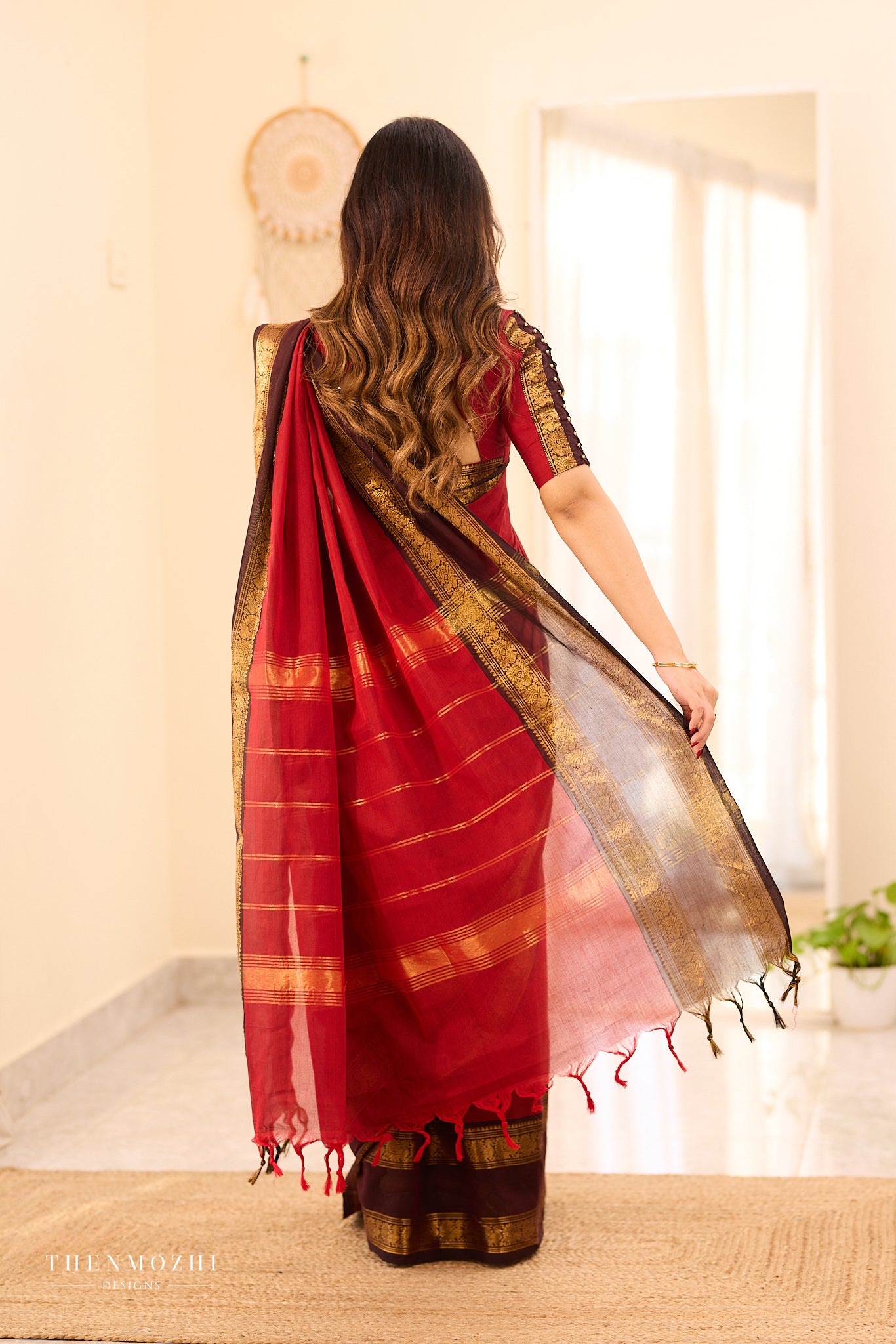 Earth Red with Coffee Brown border Chettinad Cotton saree