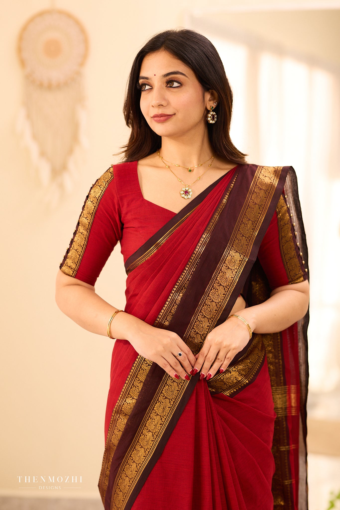 Earth Red with Coffee Brown border Chettinad Cotton saree
