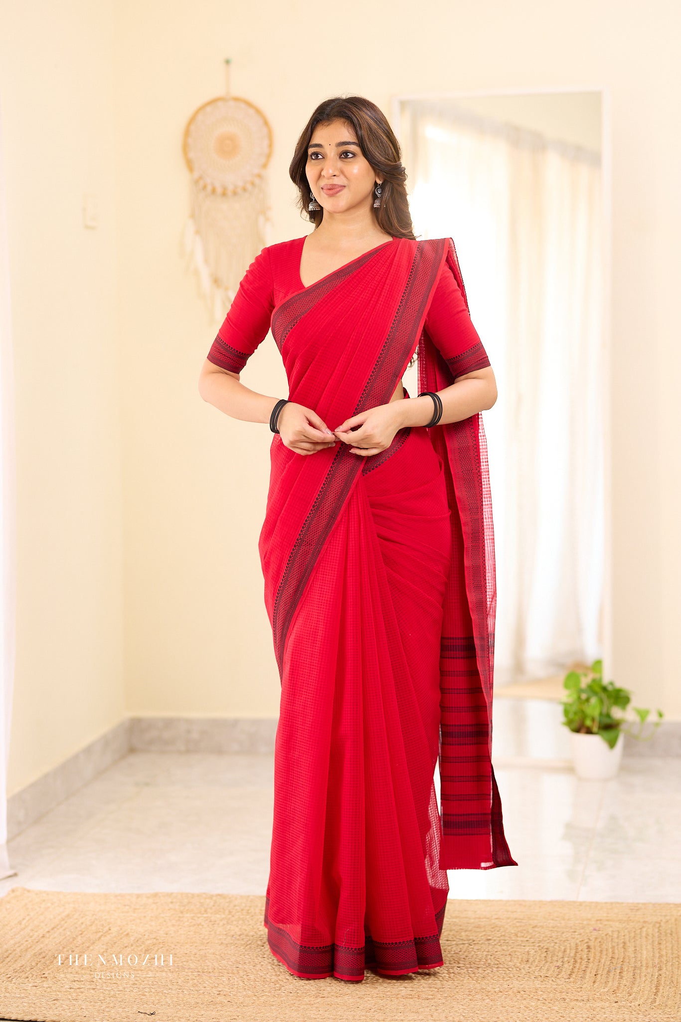 Fire Brick Mangalagiri Missing checks Cotton Saree