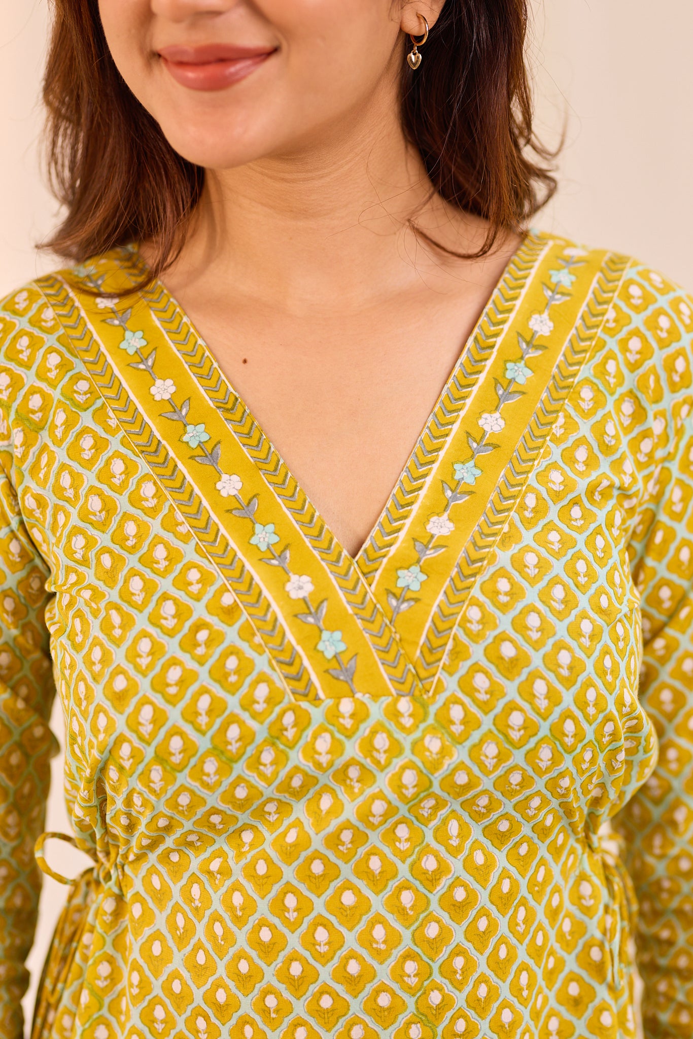 Golden Mustard Printed Cotton Short Kurti