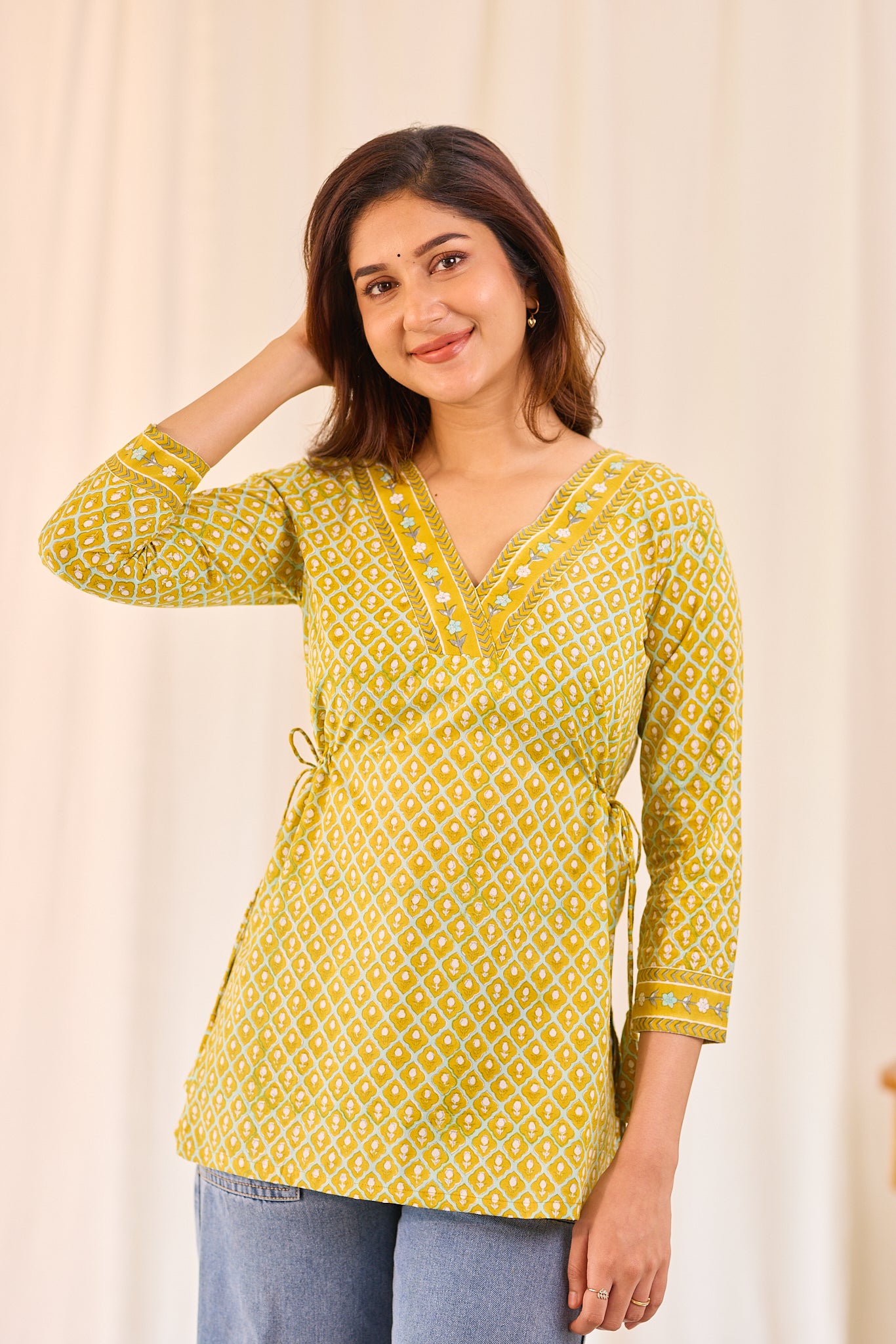 Golden Mustard Printed Cotton Short Kurti