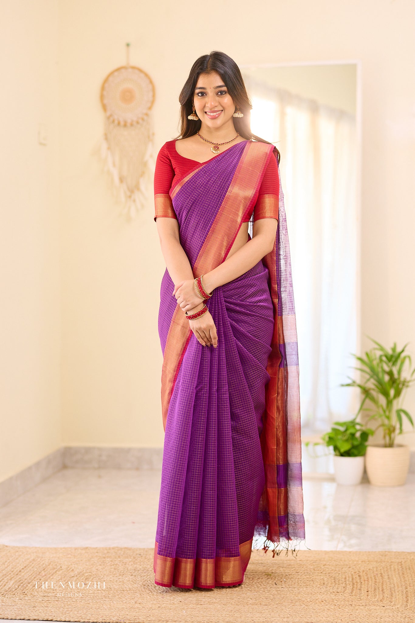 Grape - Purple Checked Maheshwari Silk Cotton Saree