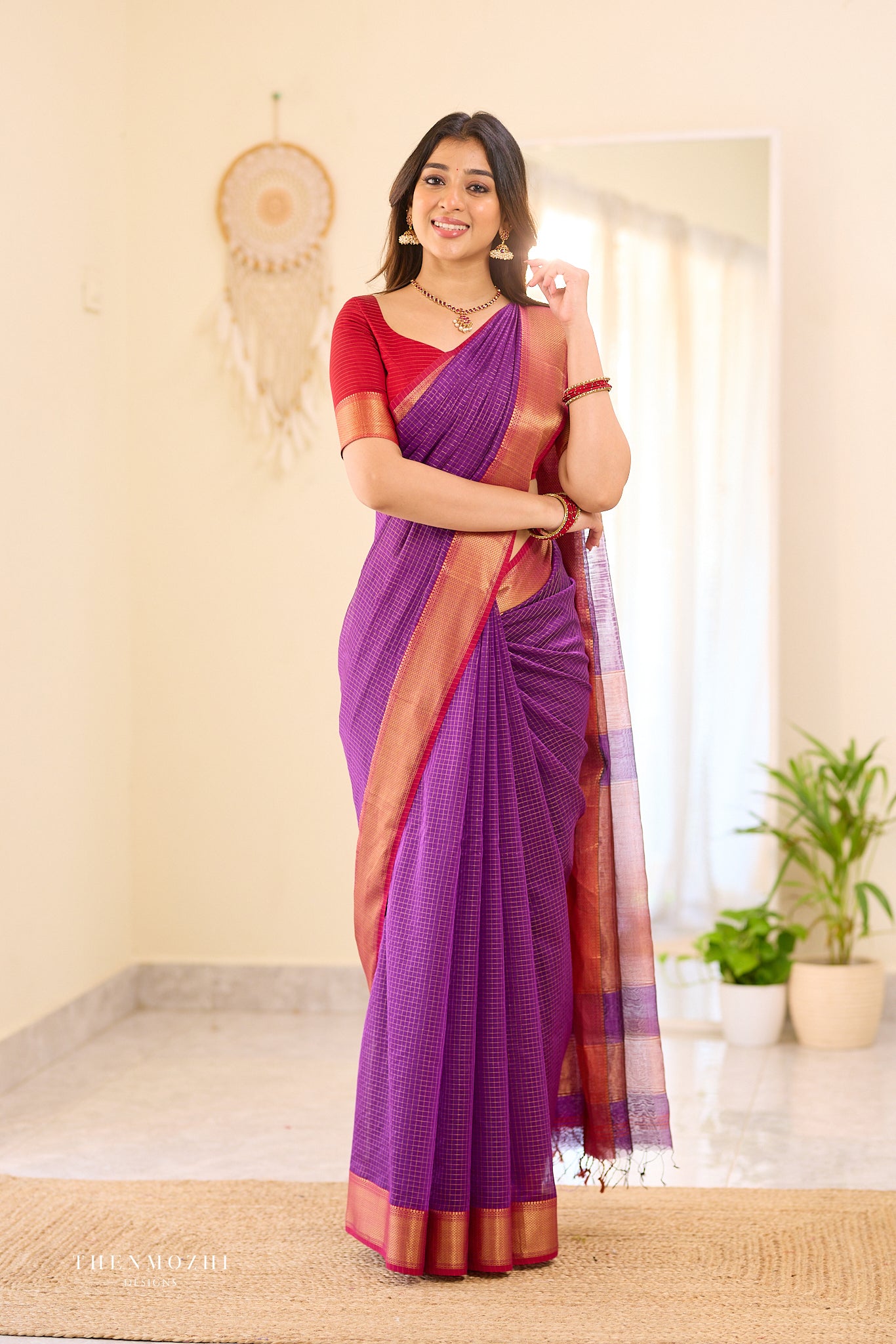 Grape - Purple Checked Maheshwari Silk Cotton Saree