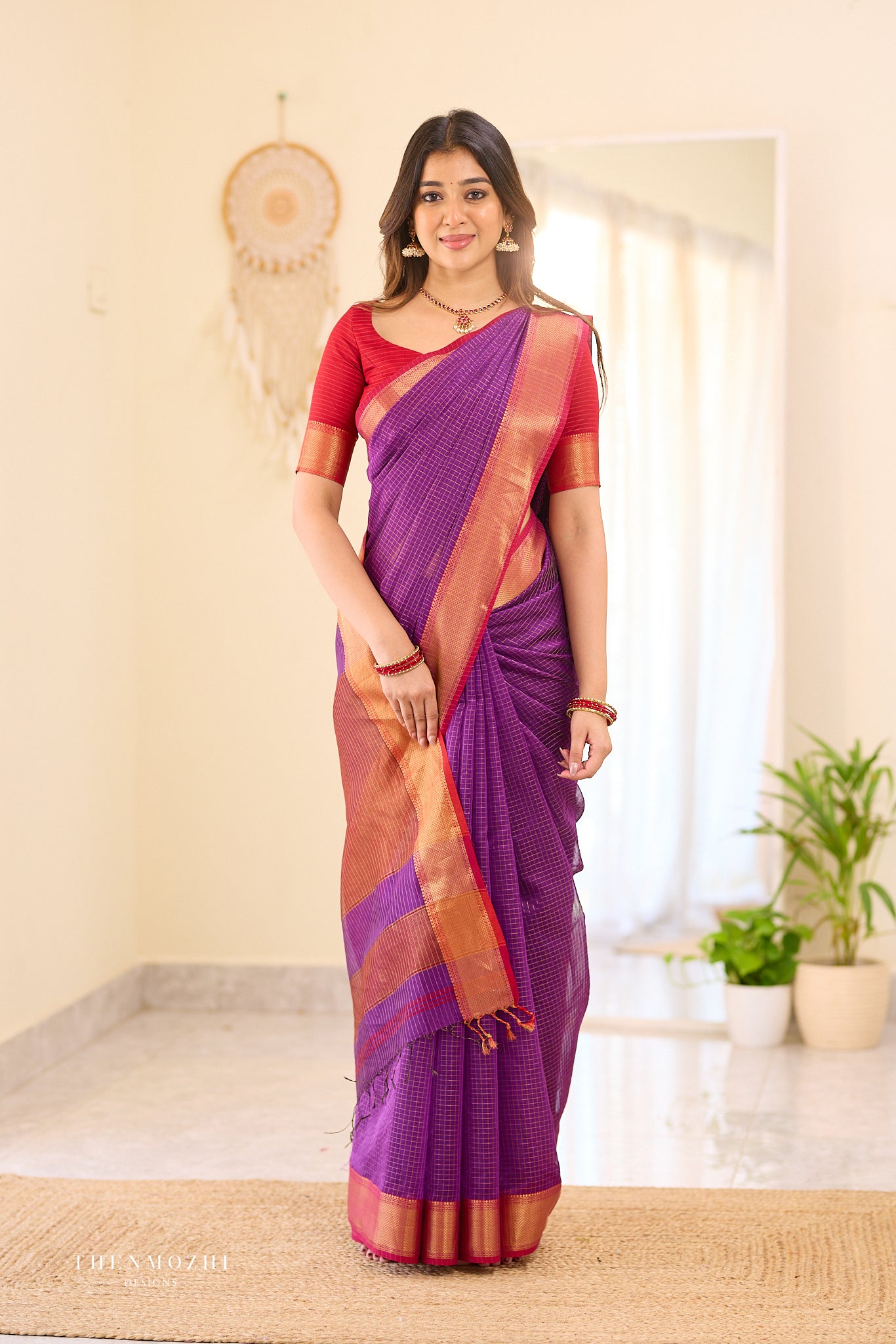 Grape - Purple Checked Maheshwari Silk Cotton Saree