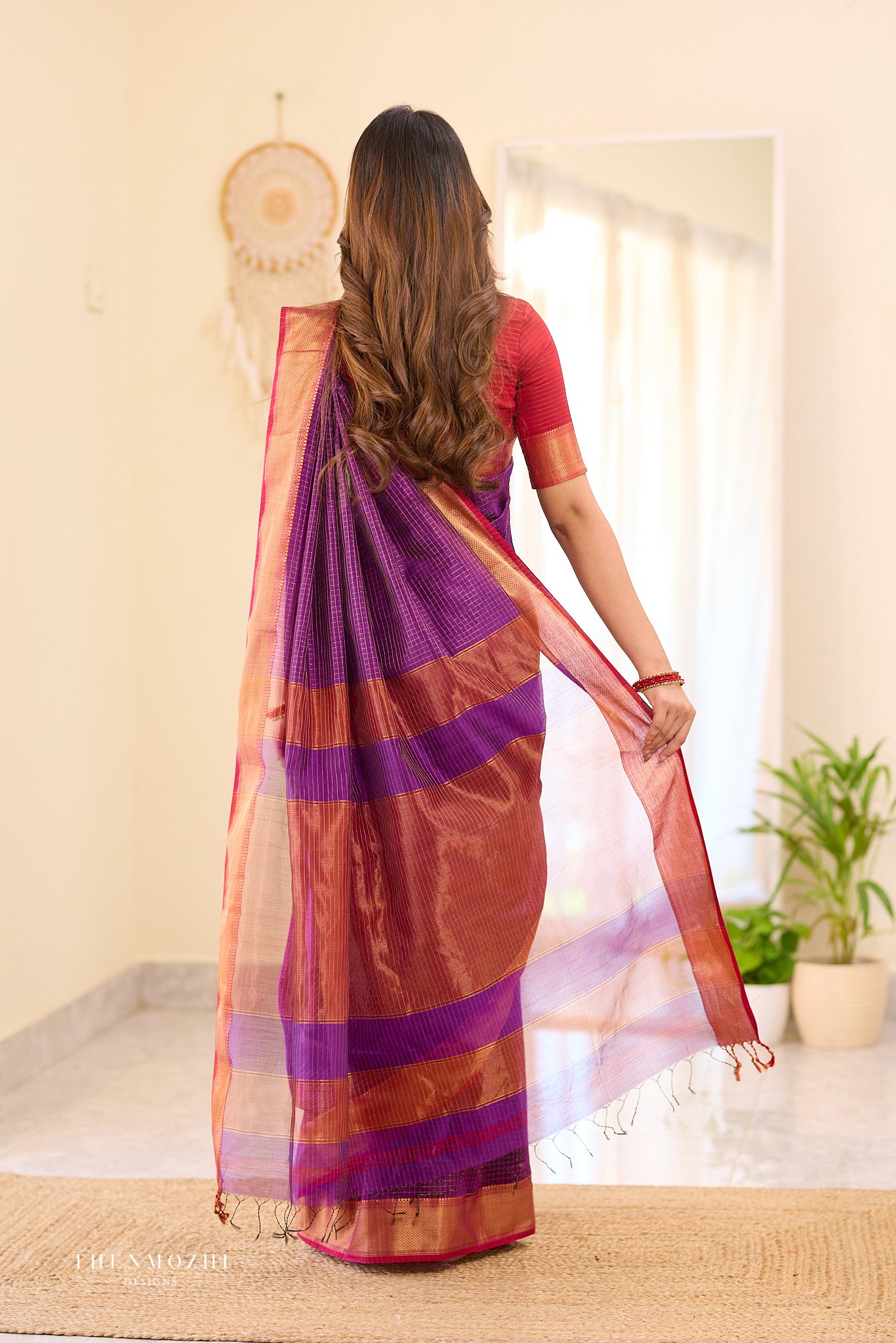 Grape - Purple Checked Maheshwari Silk Cotton Saree