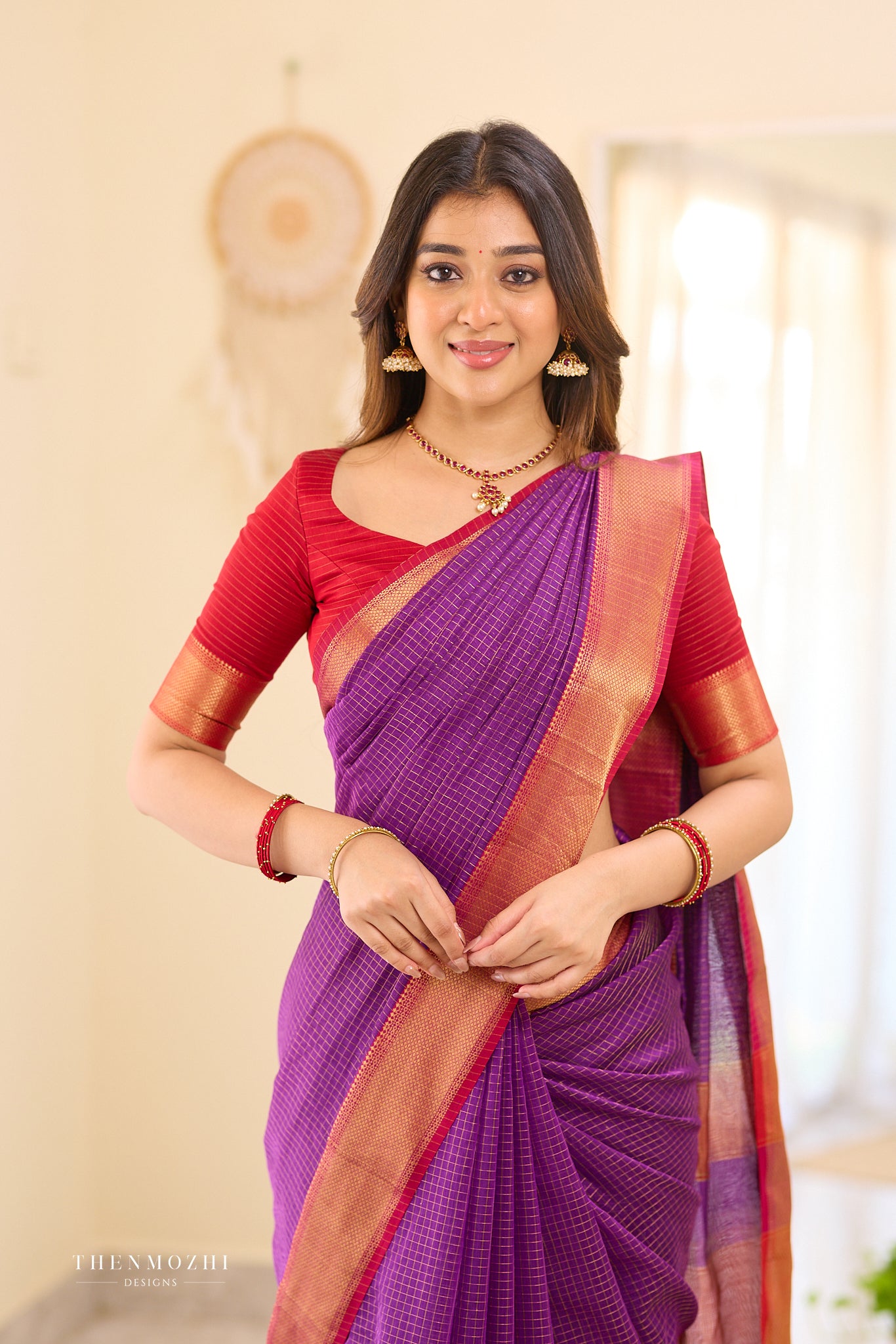 Grape - Purple Checked Maheshwari Silk Cotton Saree