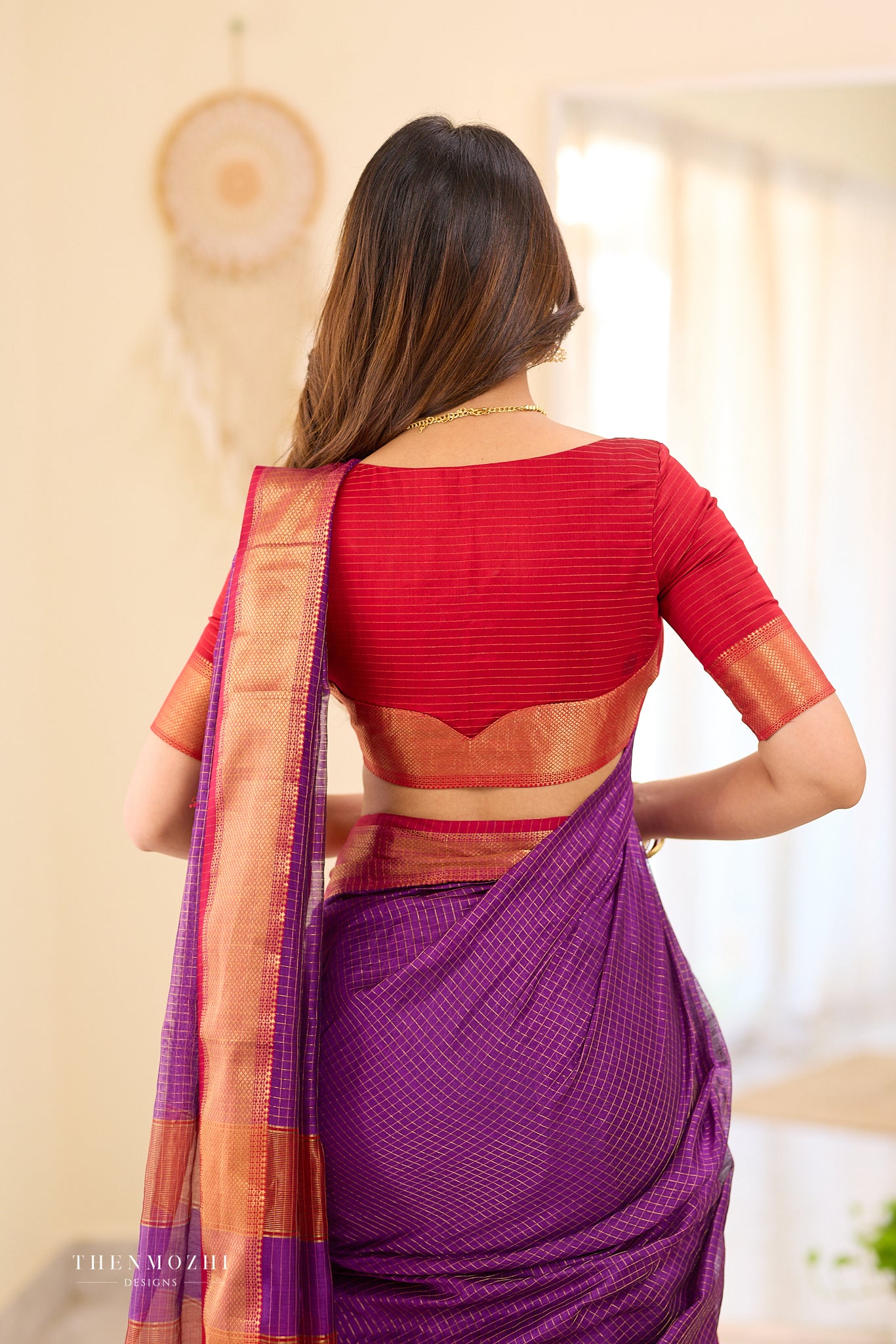 Grape - Purple Checked Maheshwari Silk Cotton Saree