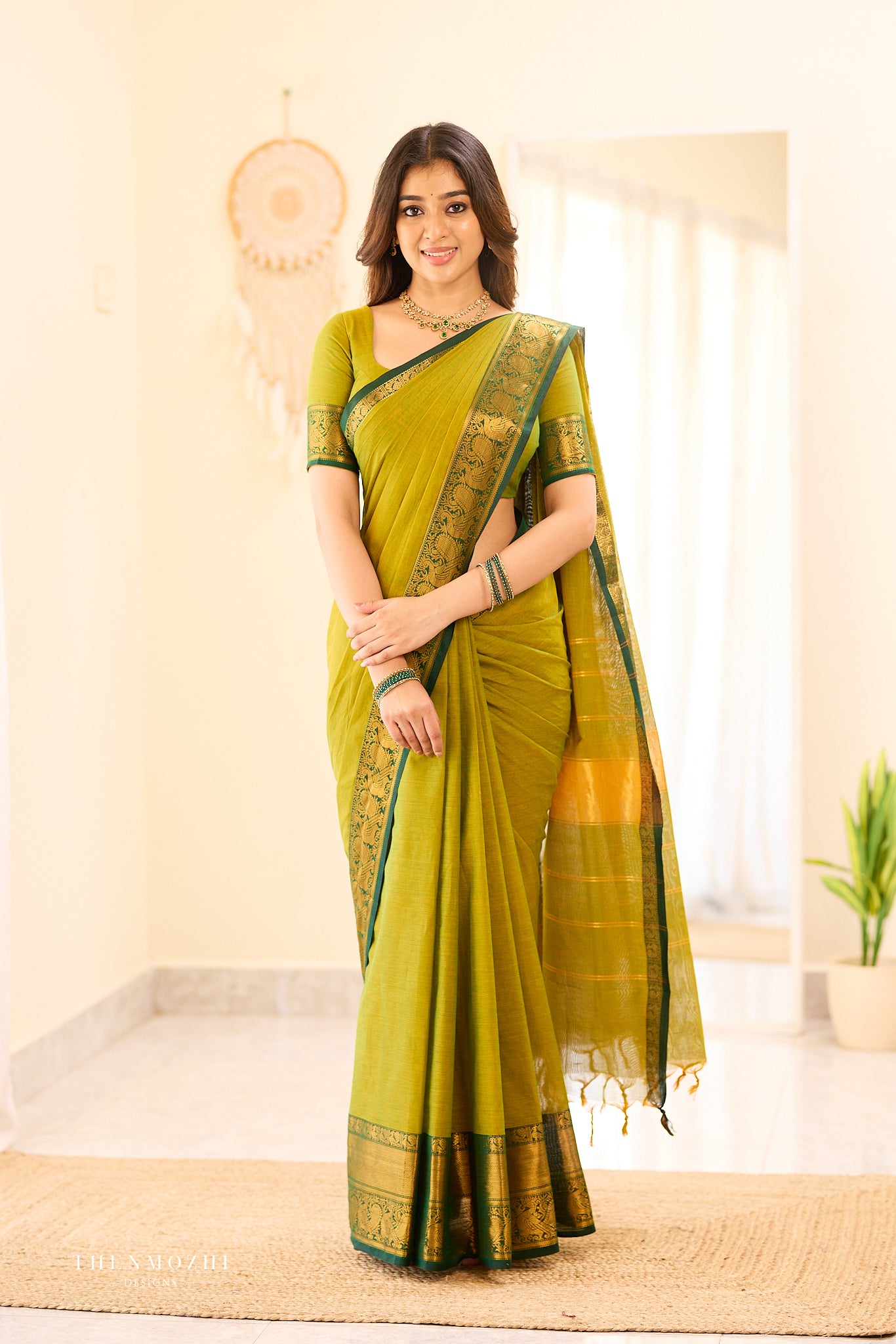 Green with Dark Green Border Chettinad Cotton Saree