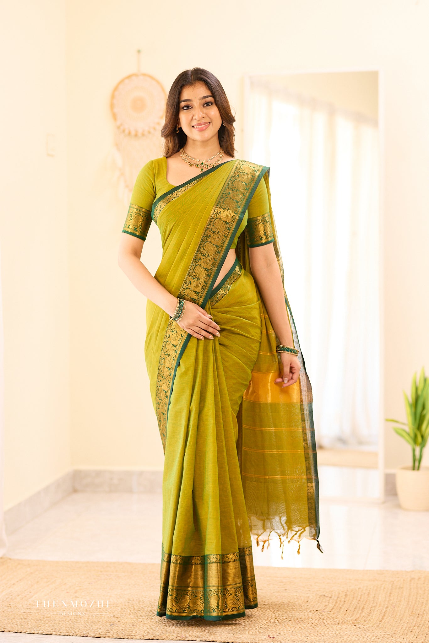 Green with Dark Green Border Chettinad Cotton Saree