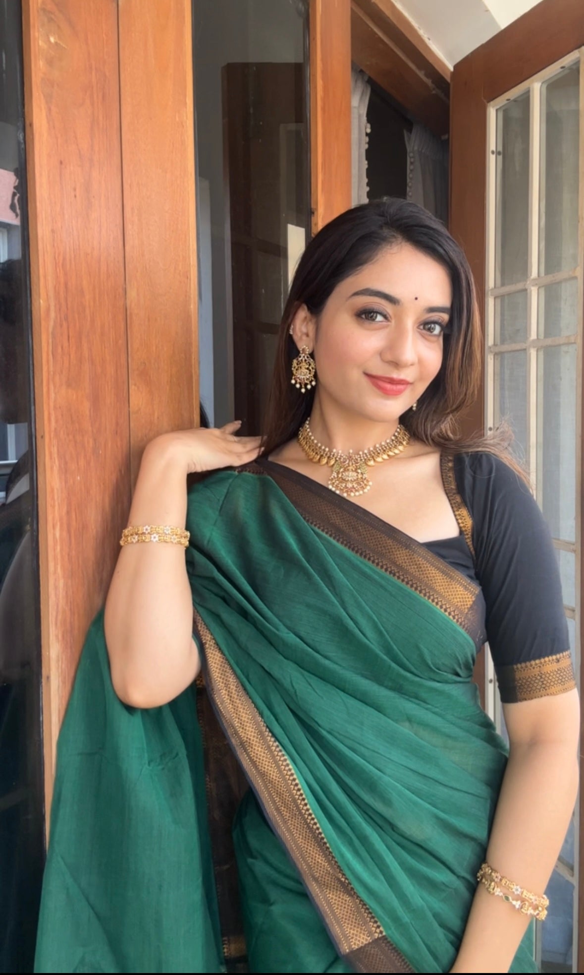 Green - Mangalagiri Cotton Saree with Zari border