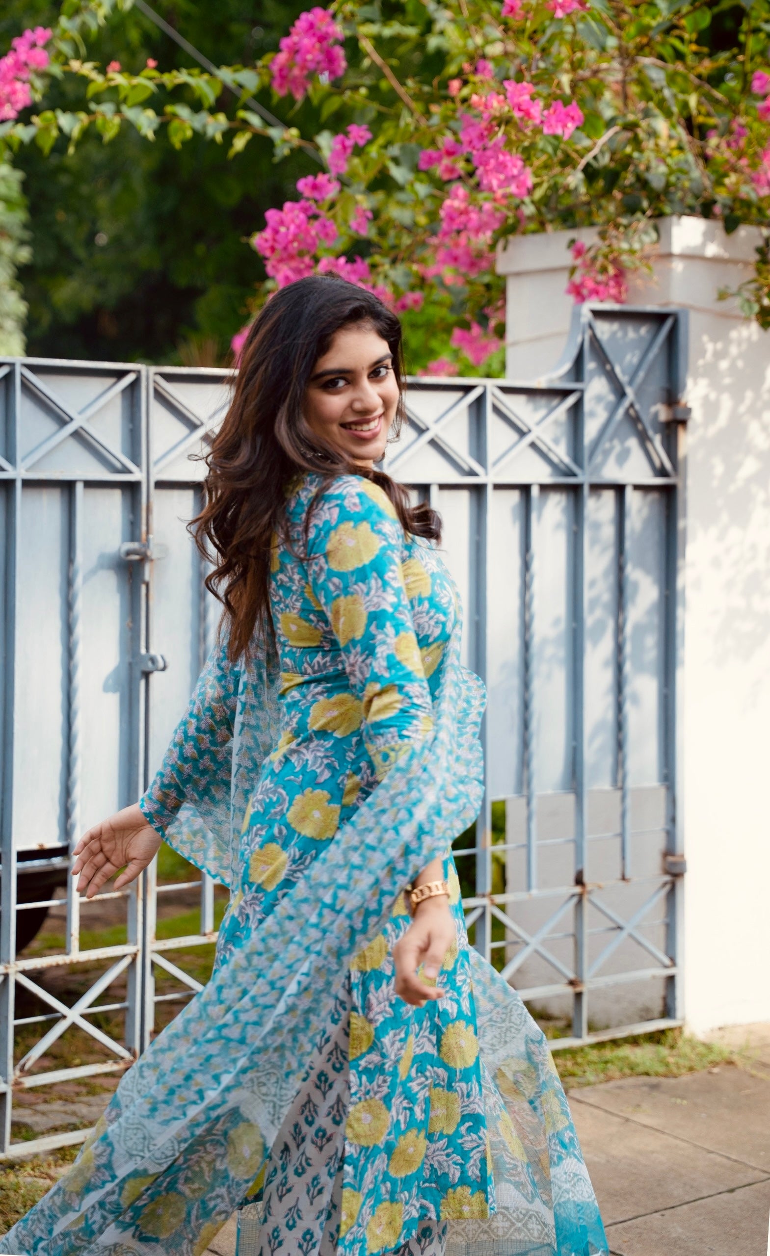 Ramya Blue and Green Floral Cotton Suit with Kota Dupatta
