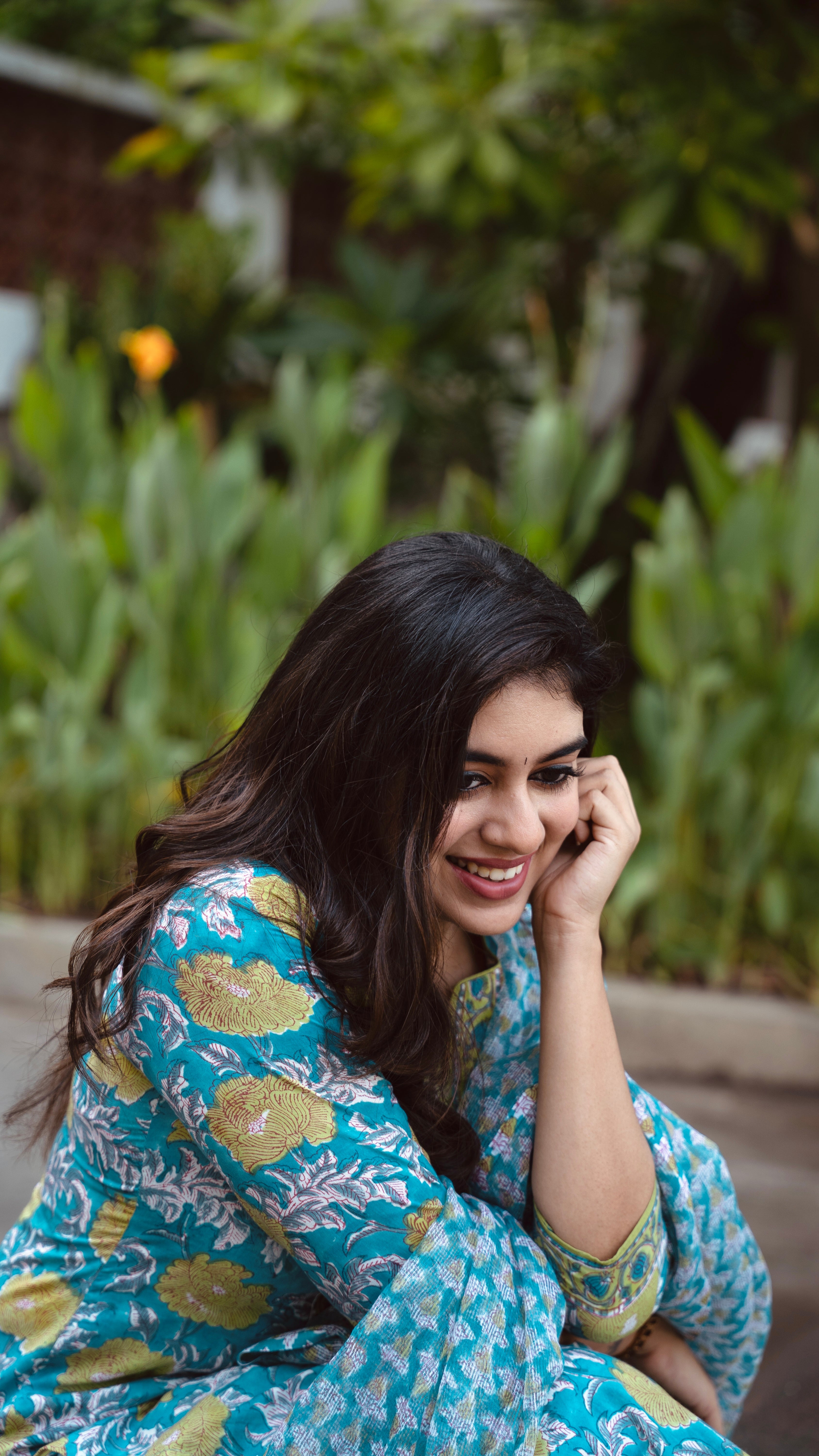 Ramya Blue and Green Floral Cotton Suit with Kota Dupatta