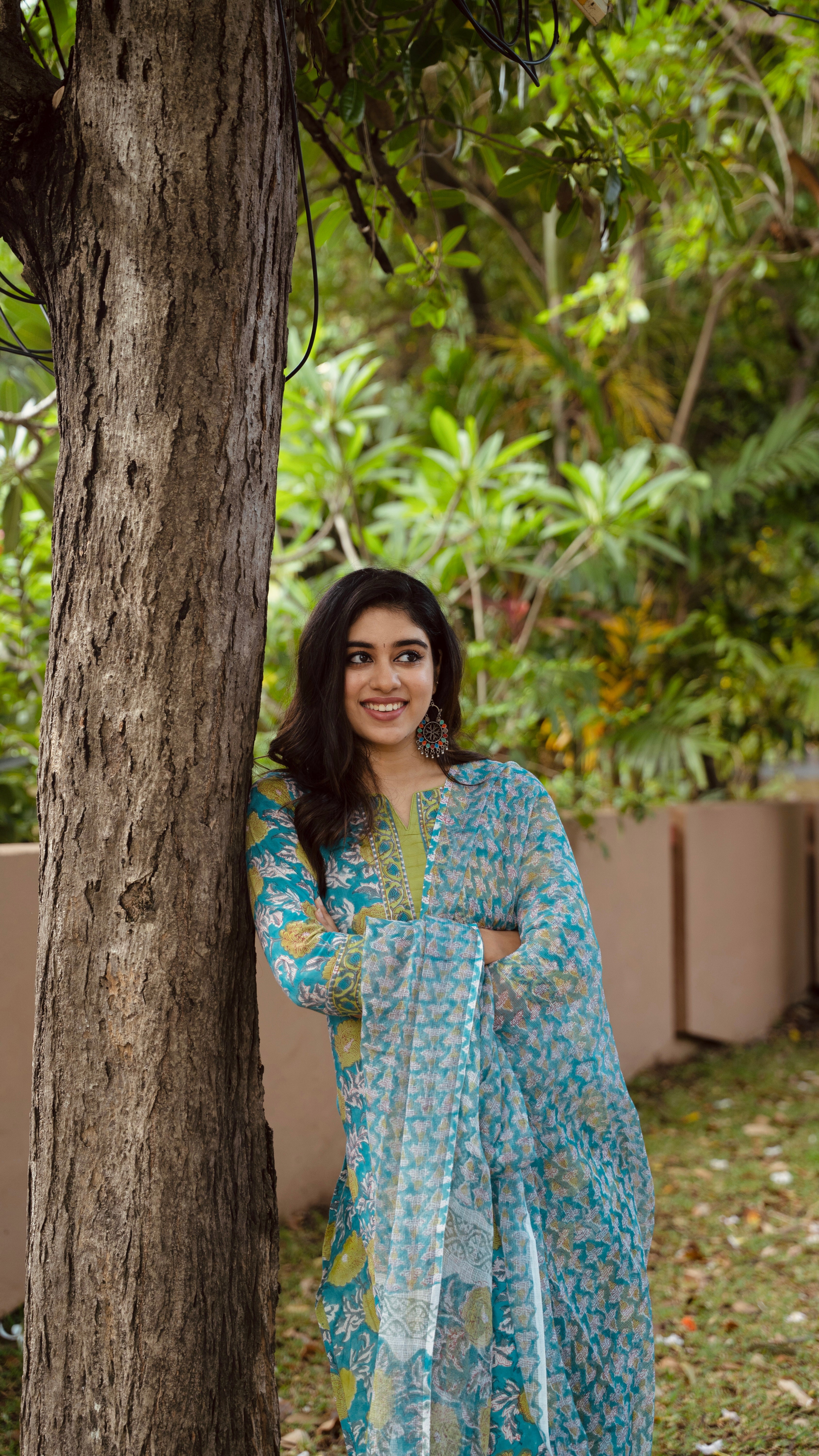 Ramya Blue and Green Floral Cotton Suit with Kota Dupatta