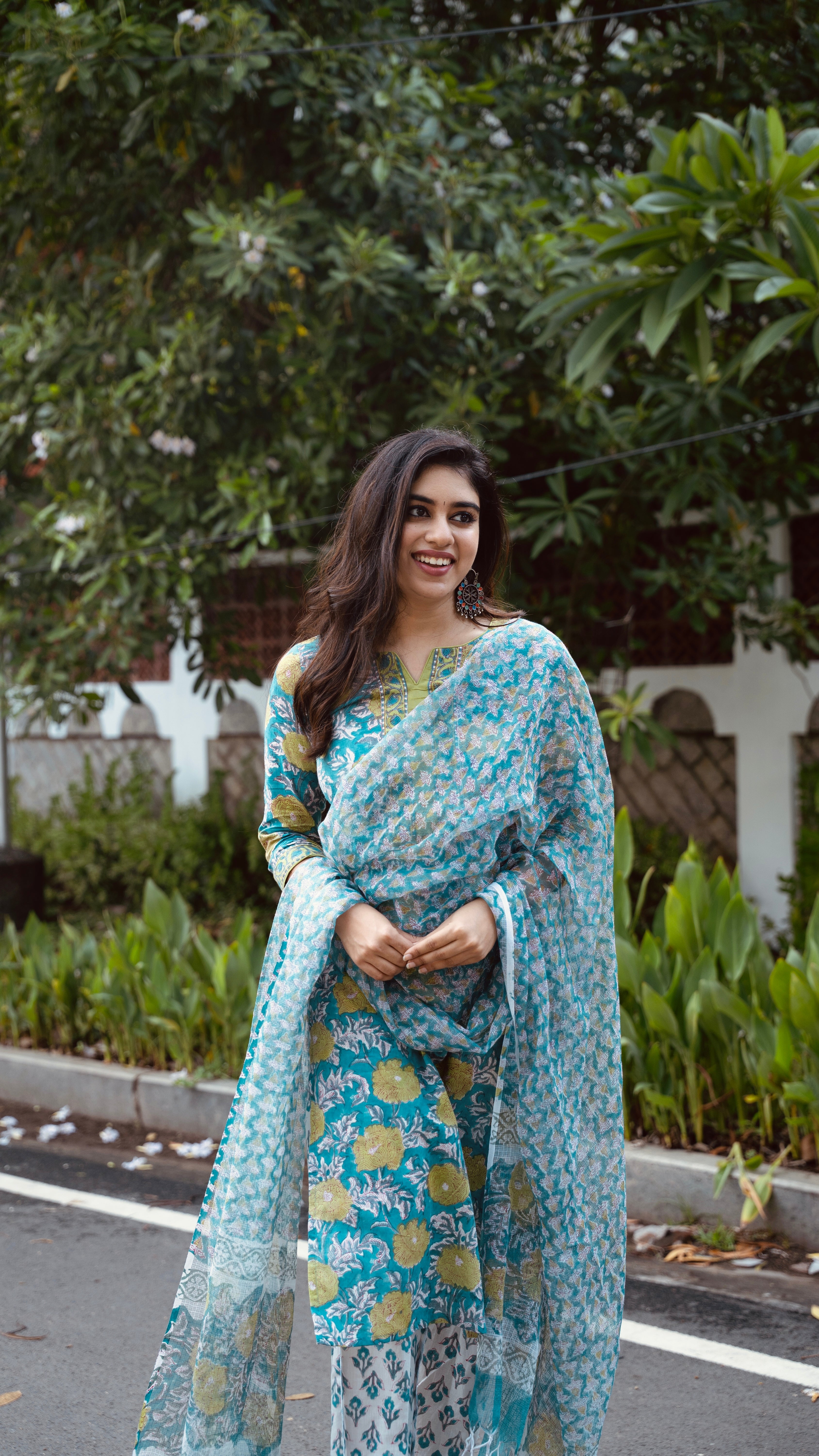 Ramya Blue and Green Floral Cotton Suit with Kota Dupatta