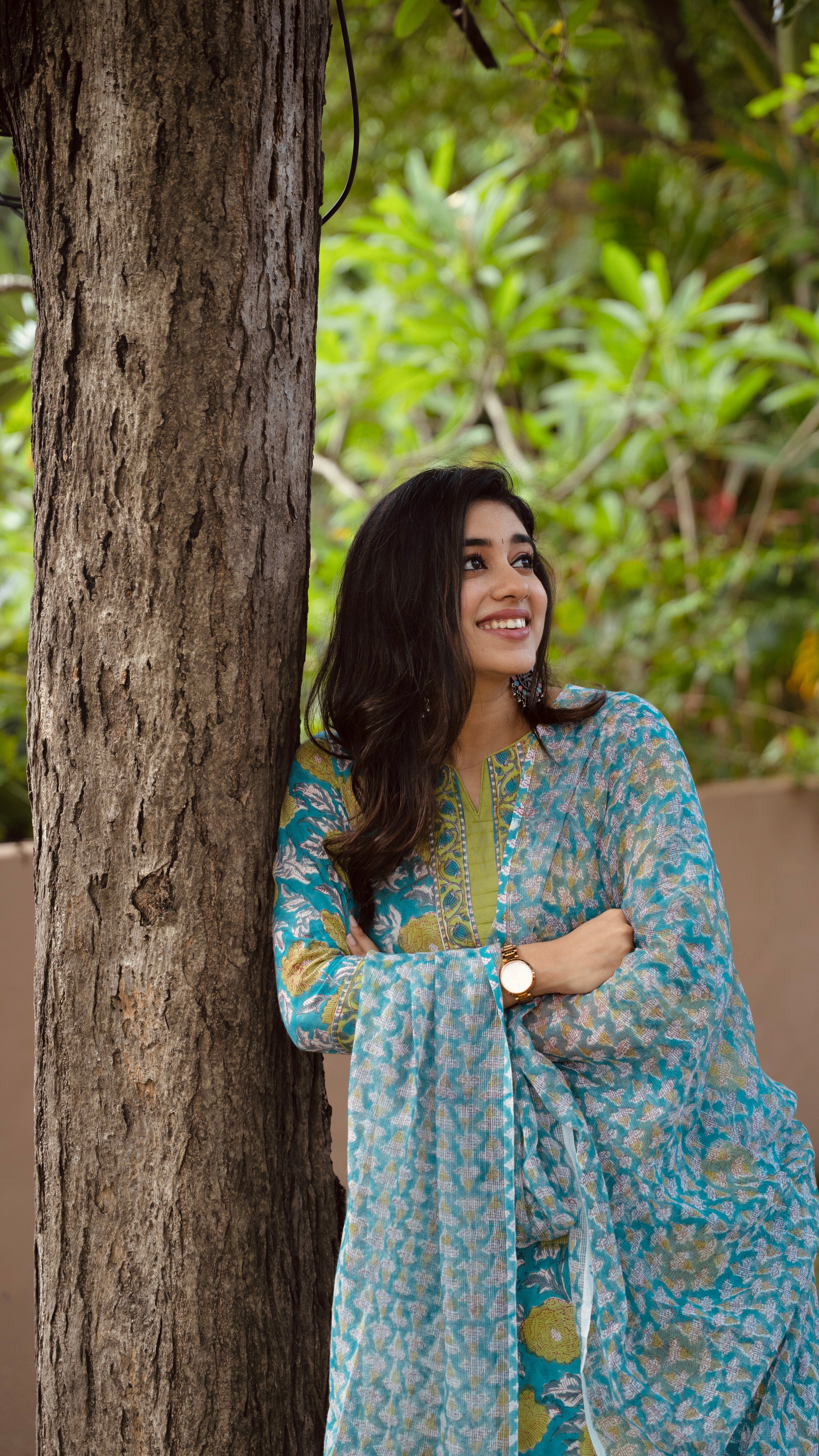 Ramya Blue and Green Floral Cotton Suit with Kota Dupatta