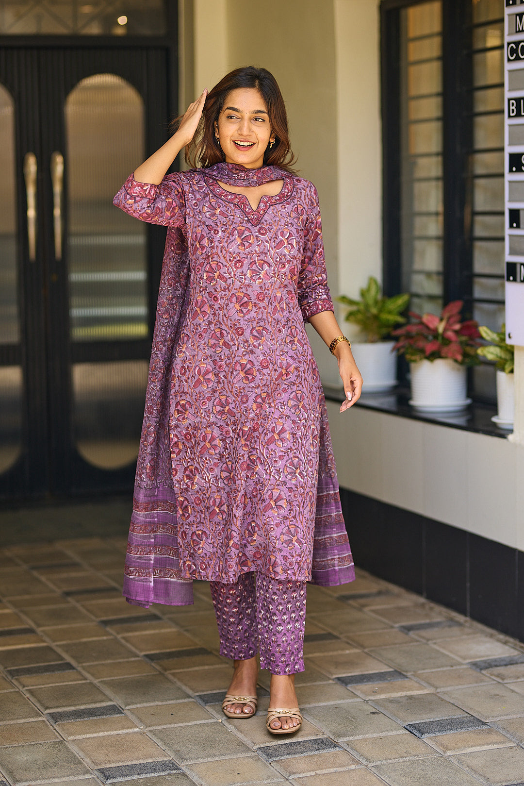 Mauve Garden Block Print Cotton Salwar Suit with Kota Dupatta