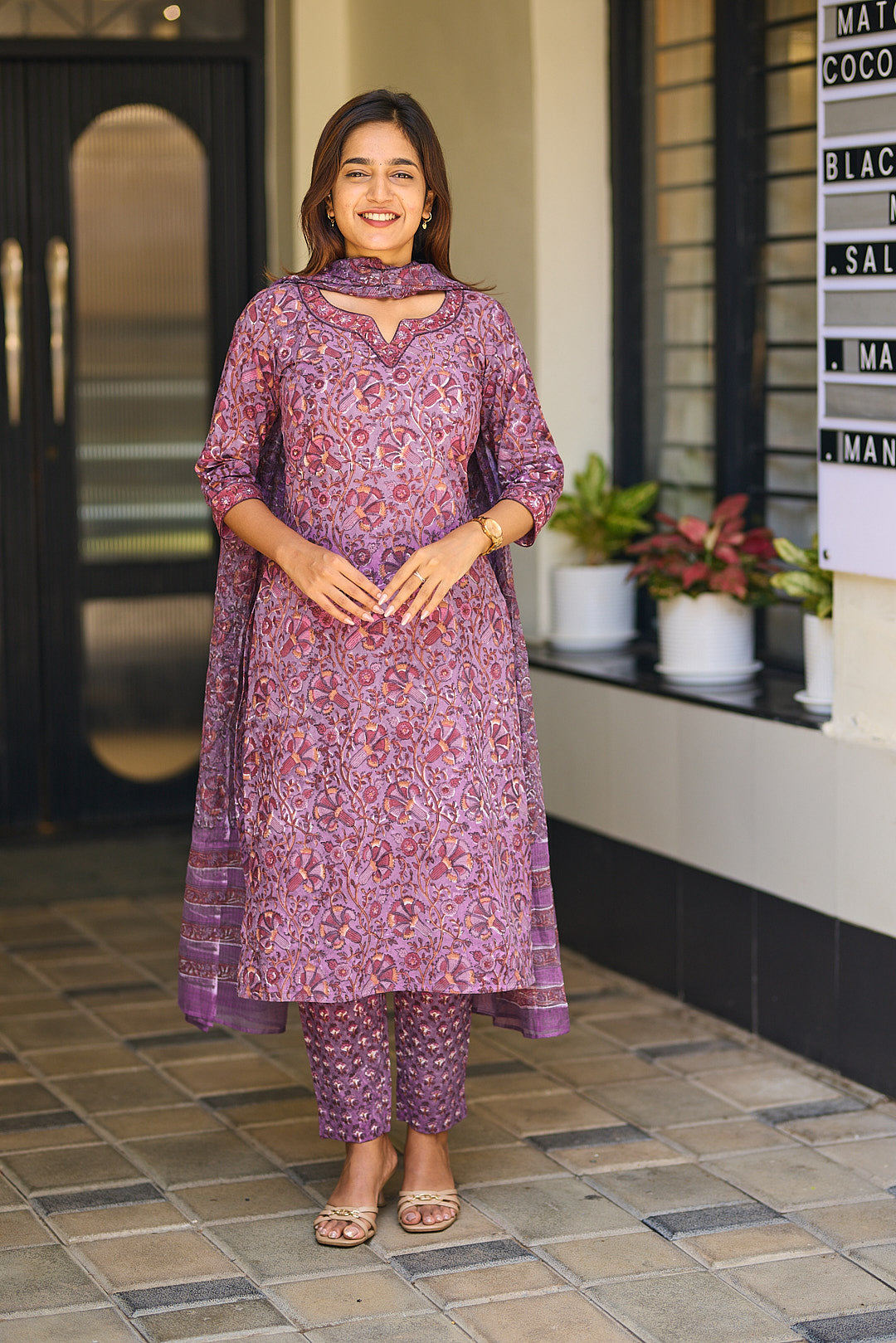 Mauve Garden Block Print Cotton Salwar Suit with Kota Dupatta