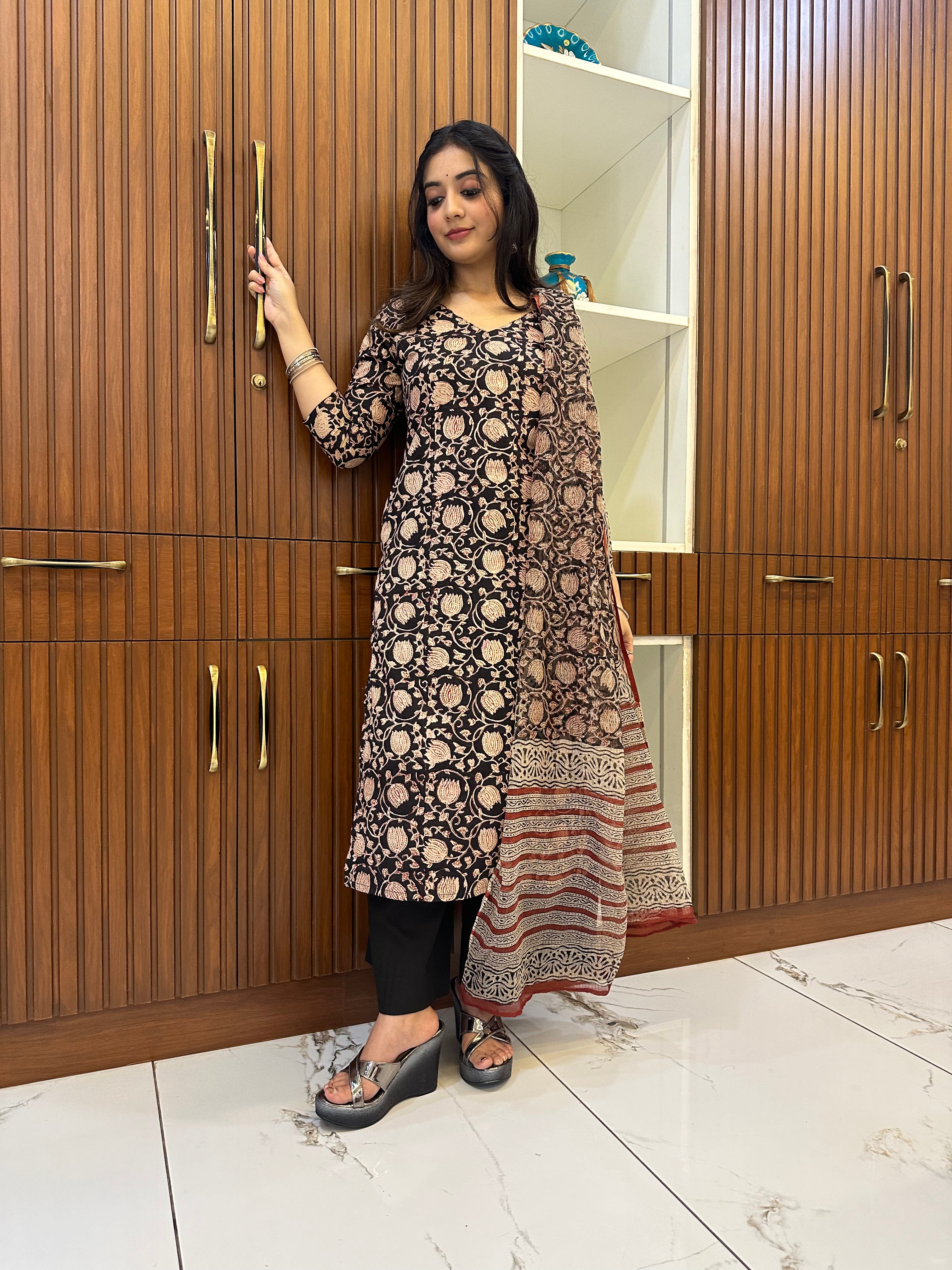 Aathmika Black Floral - Black Cotton Suit Set with Kota Dupatta