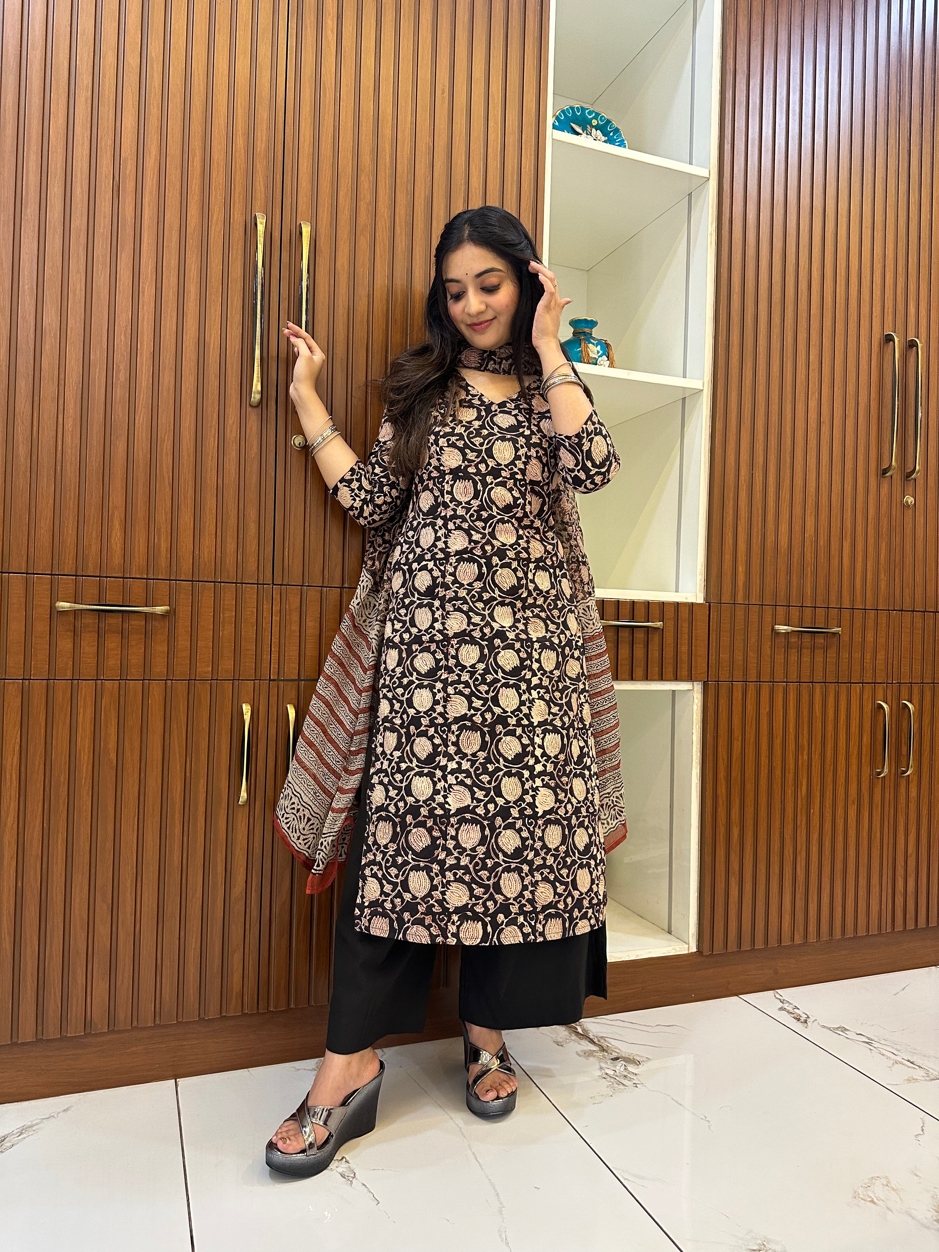 Aathmika Black Floral - Black Cotton Suit Set with Kota Dupatta