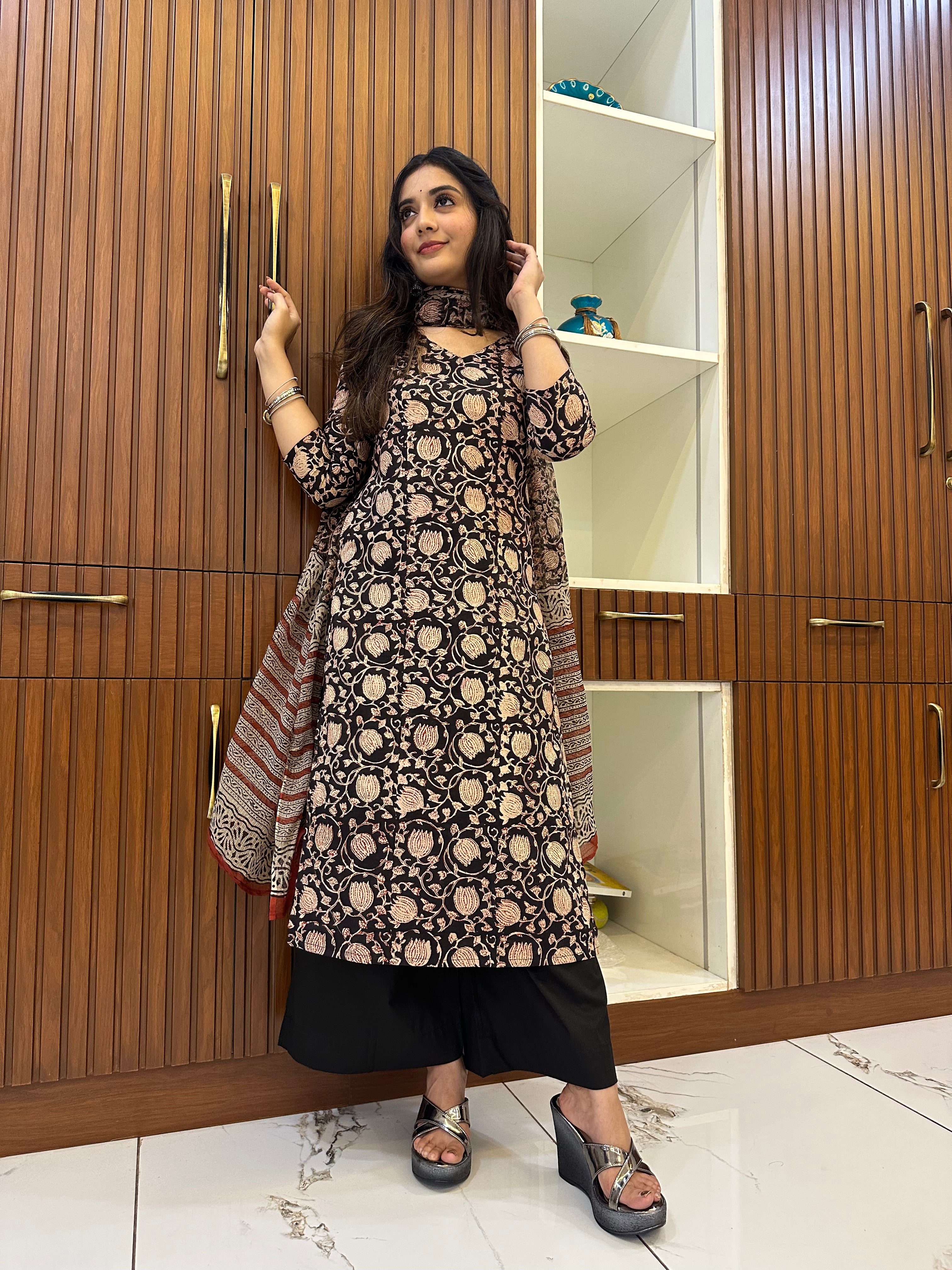 Aathmika Black Floral - Black Cotton Suit Set with Kota Dupatta