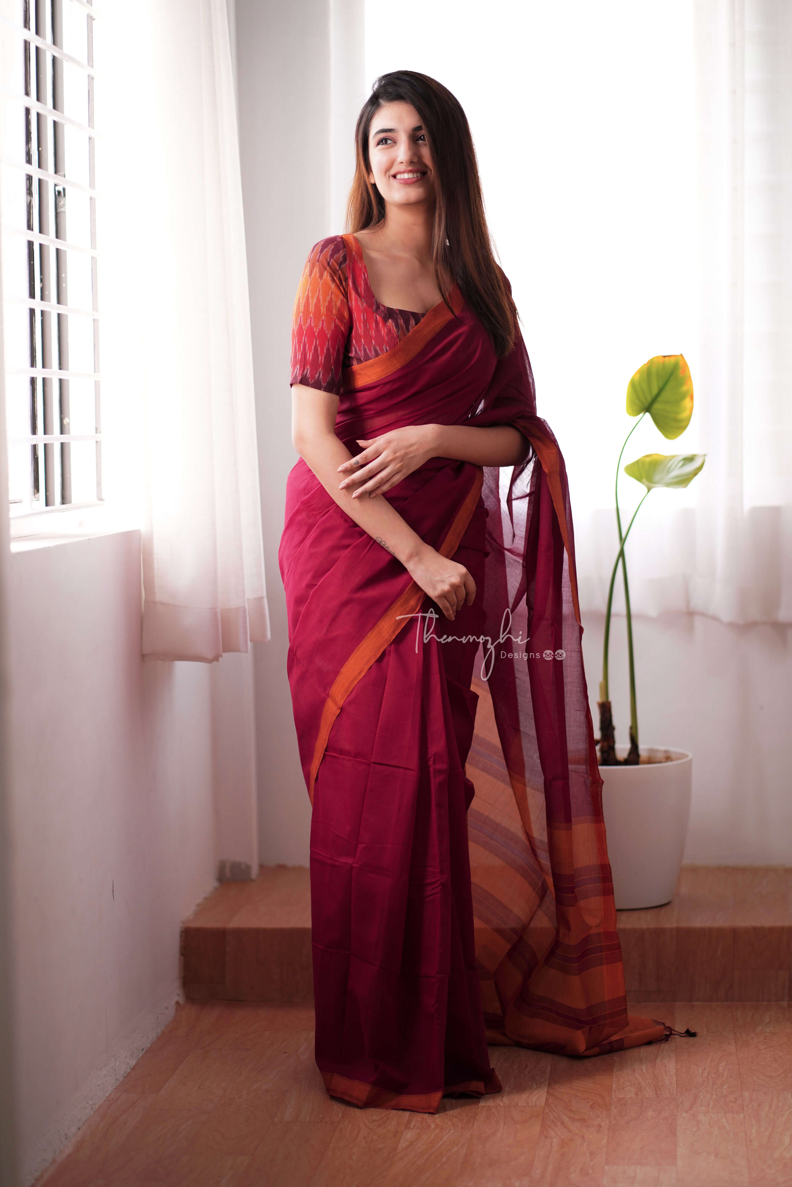 Hibiscus - Red Mangalagiri Plain Cotton Saree