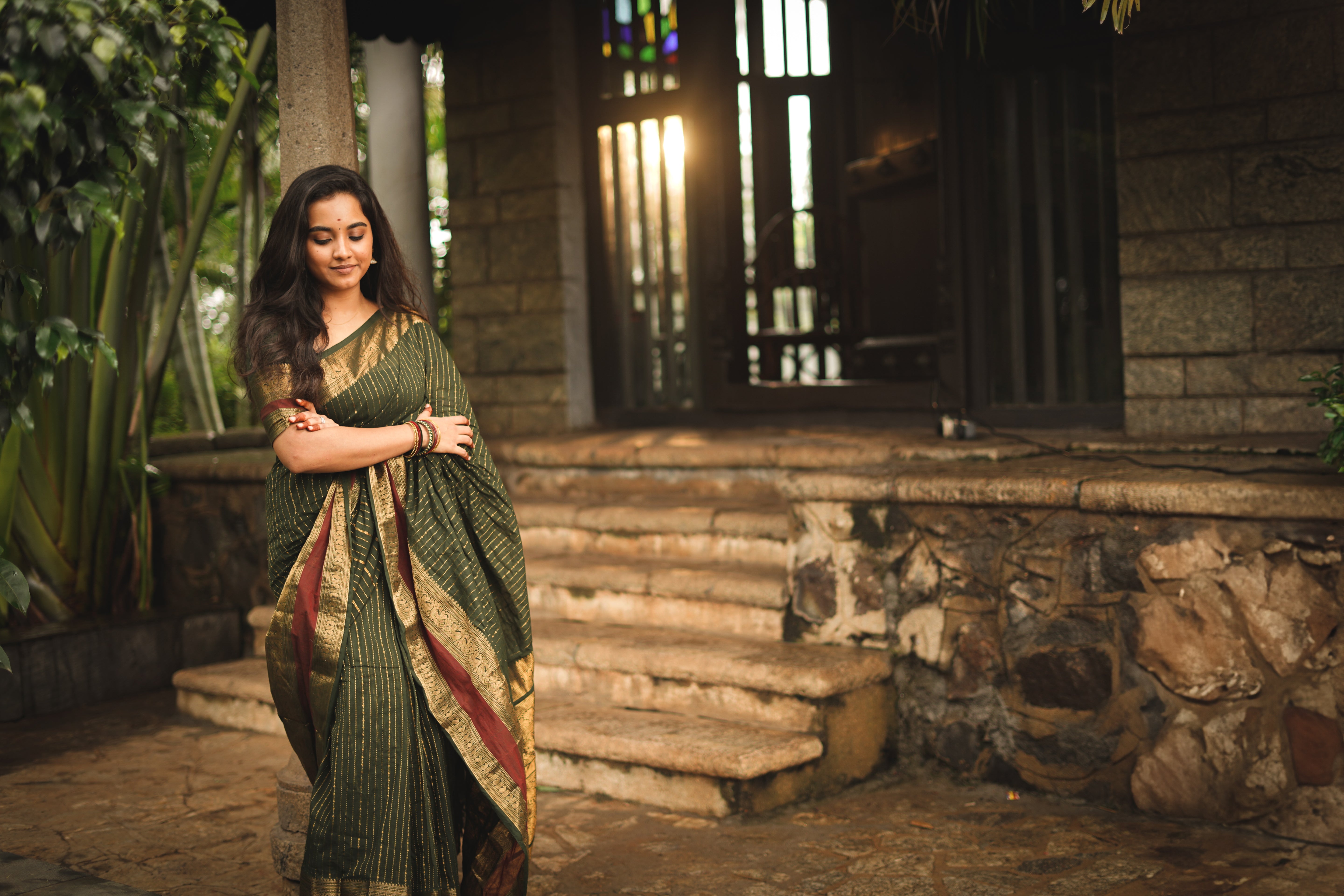 Maanasi Bottle Green and Maroon Border Chettinad Cotton Saree