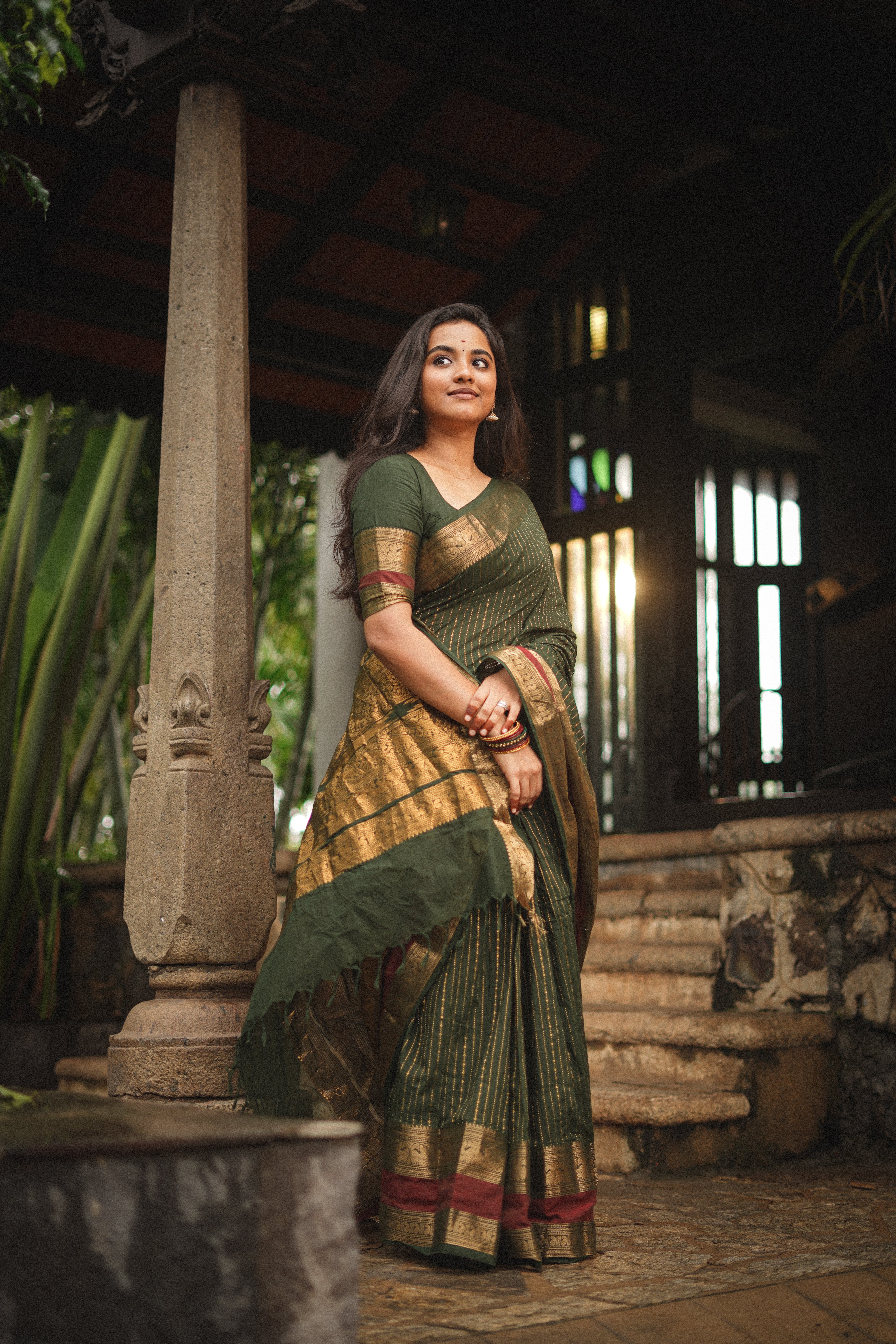 Maanasi Bottle Green and Maroon Border Chettinad Cotton Saree