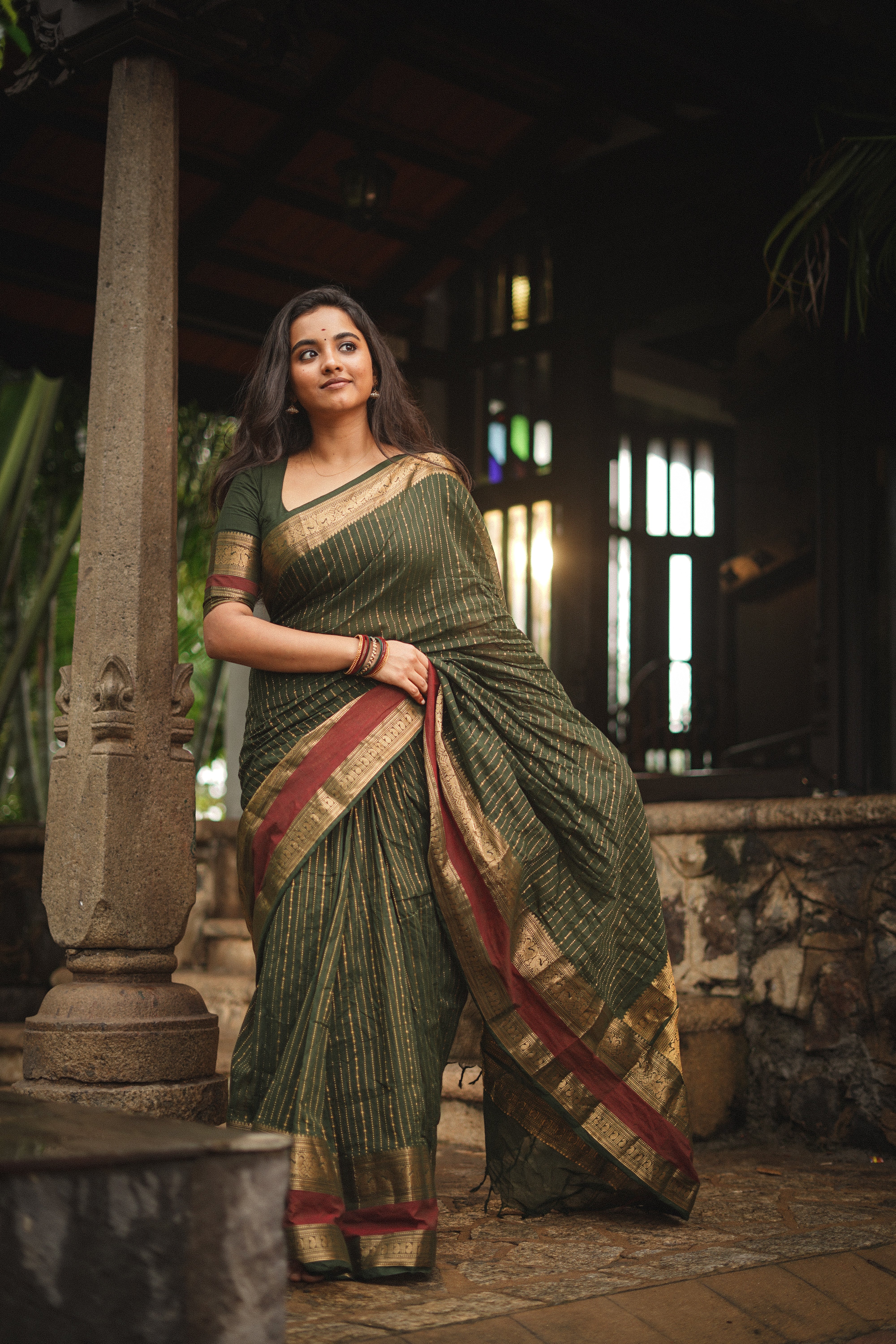 Maanasi Bottle Green and Maroon Border Chettinad Cotton Saree