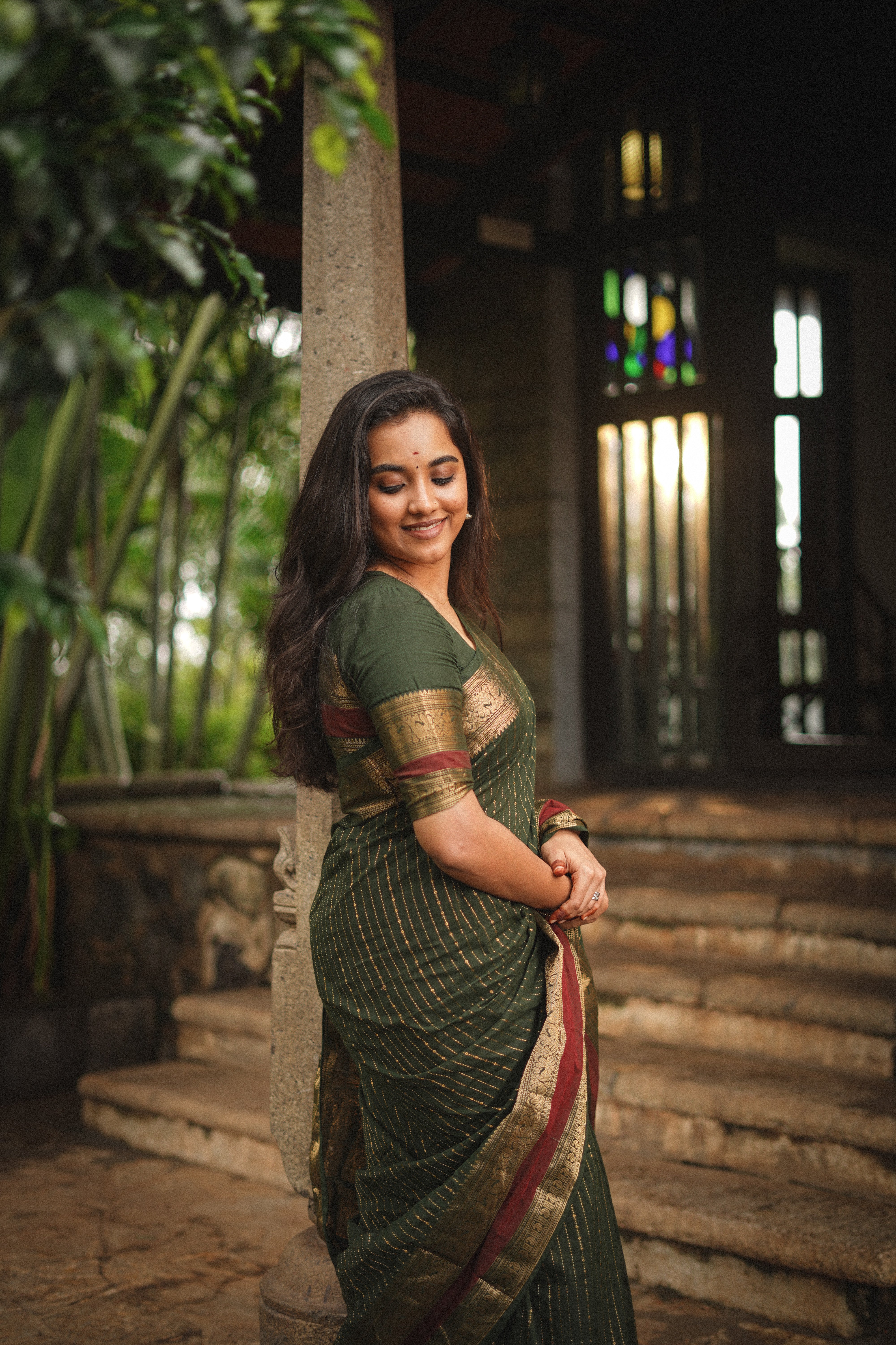 Maanasi Bottle Green and Maroon Border Chettinad Cotton Saree