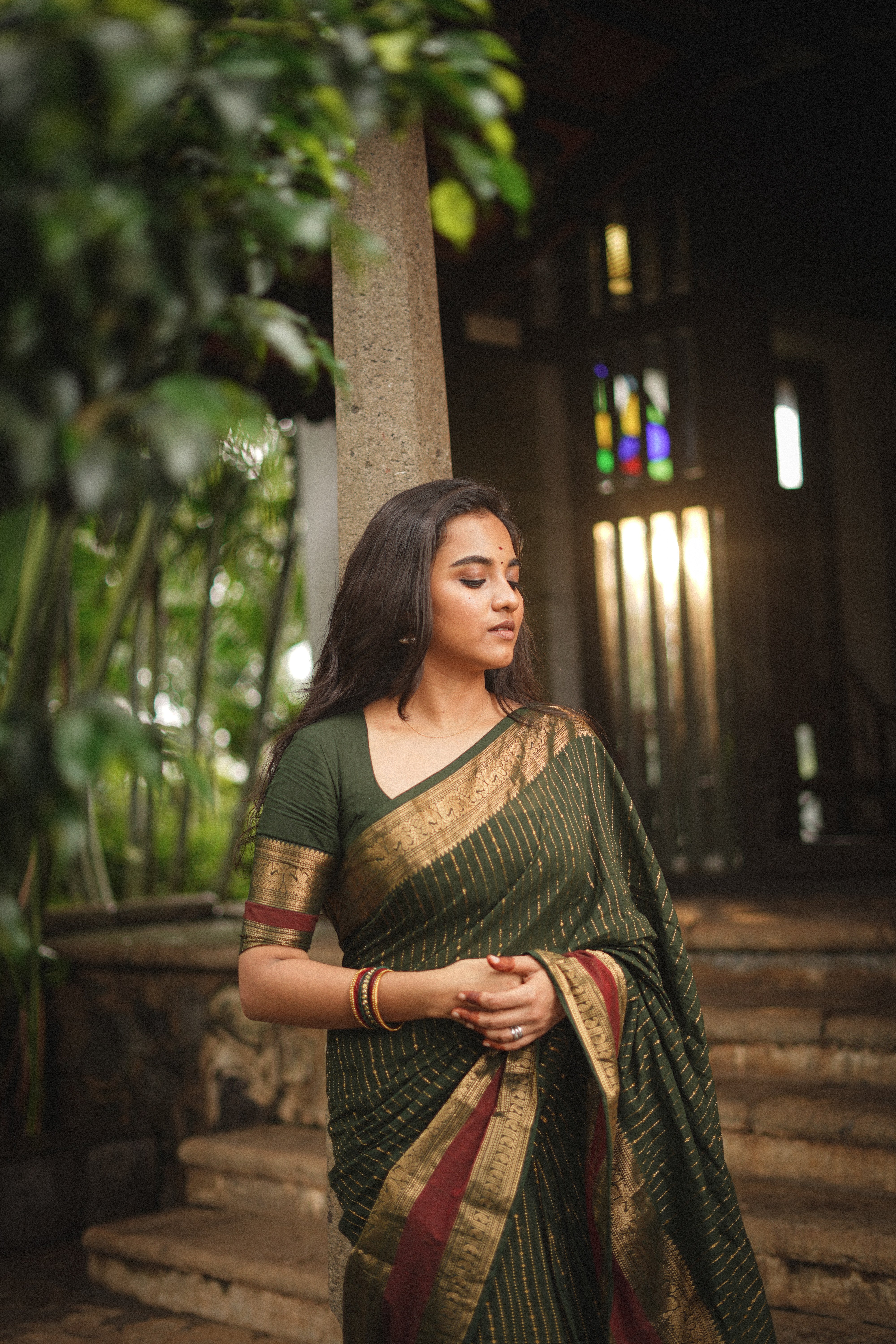 Maanasi Bottle Green and Maroon Border Chettinad Cotton Saree