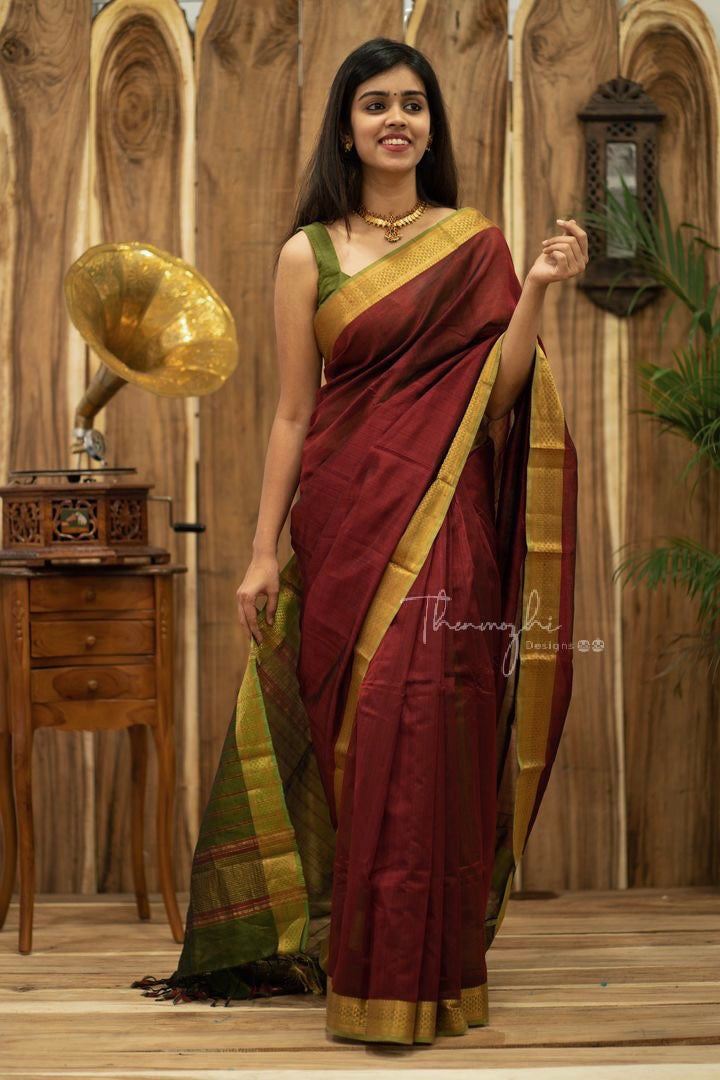 Maroon - Maroon Mangalagiri Silk Cotton Saree