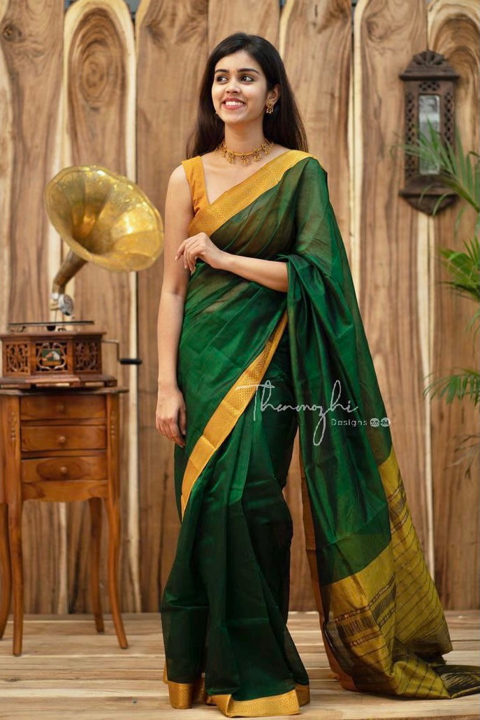 Dark Green and Mustard - Mangalagiri Silk Cotton Saree
