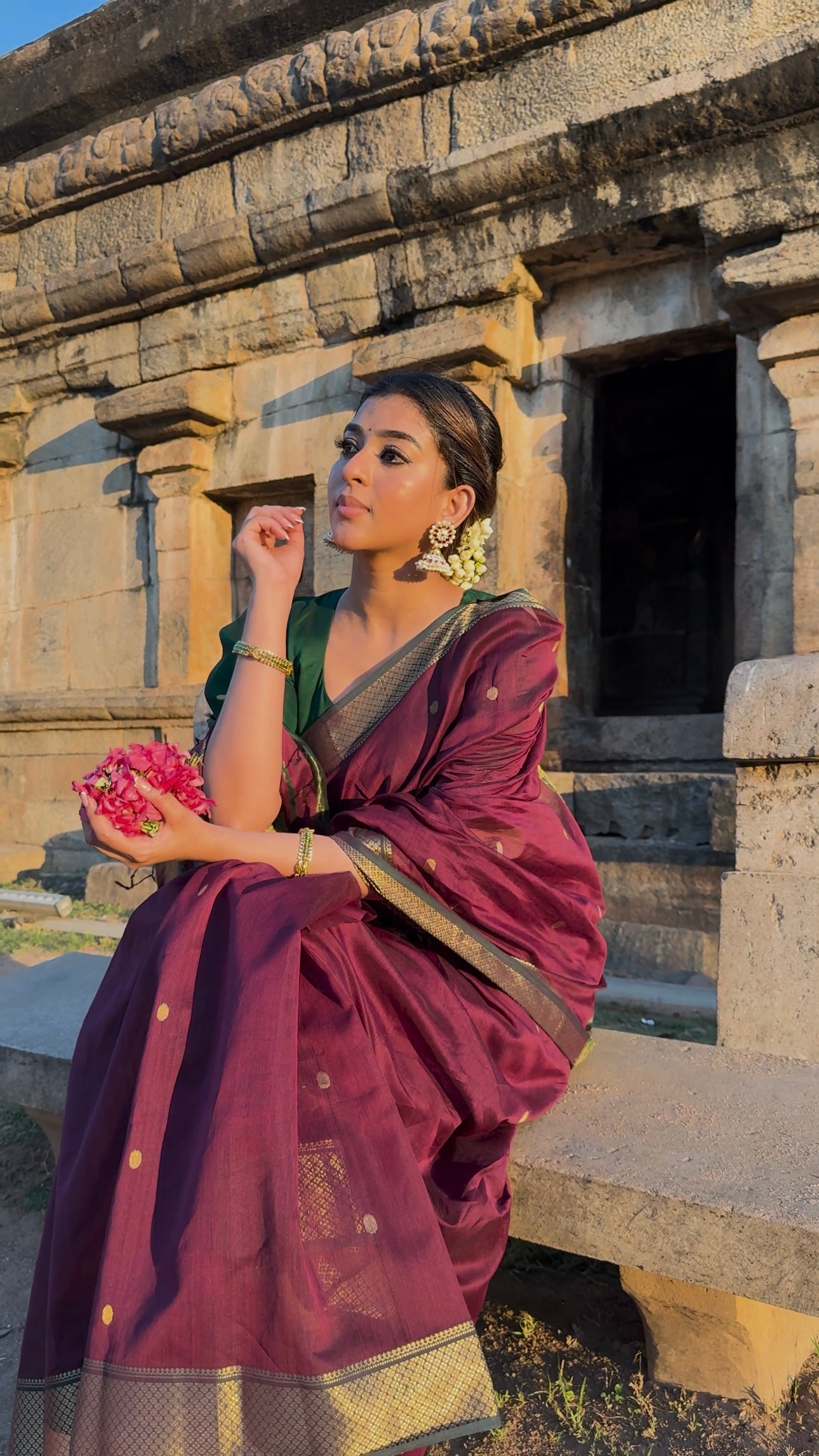 Luthuf Dark Wine Maheshwari Silk Cotton Handloom Saree