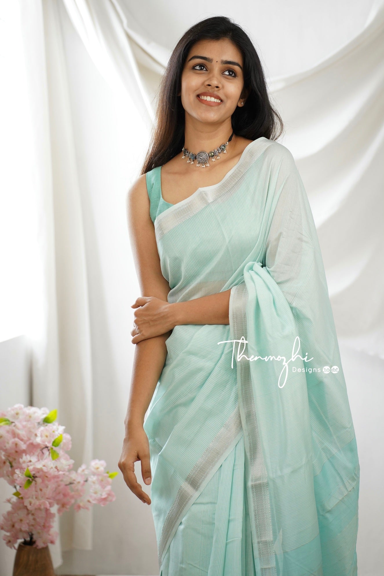 Turquoise Delight Maheshwari Silk Handloom Cotton Saree