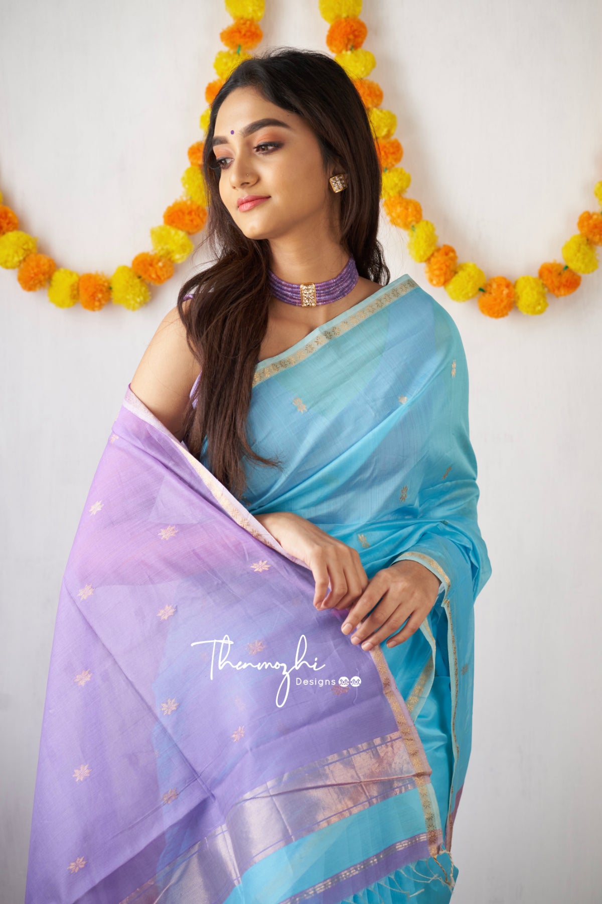 Ethnic Sky Blue Maheshwari Silk Cotton Handloom Saree