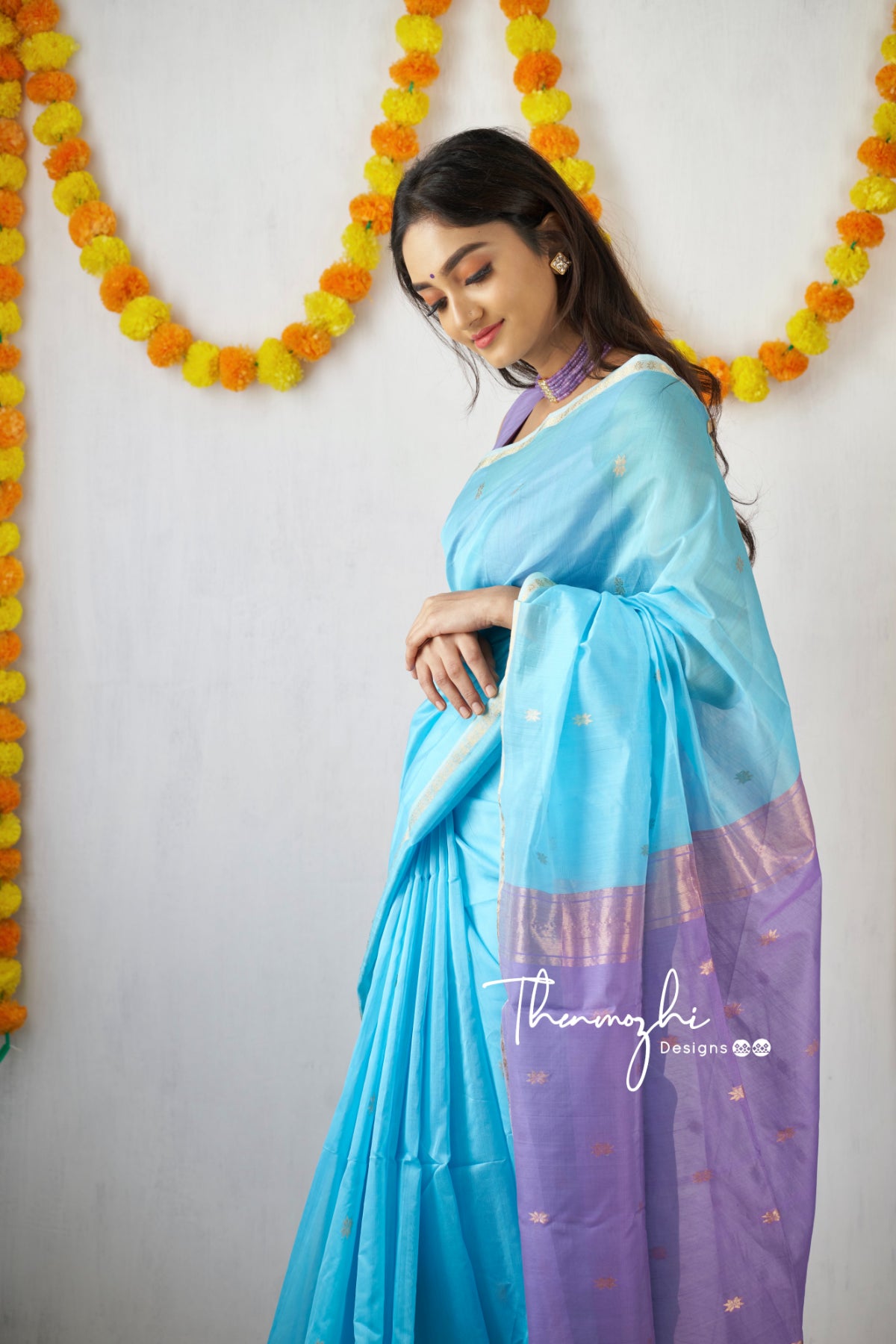 Ethnic Sky Blue Maheshwari Silk Cotton Handloom Saree