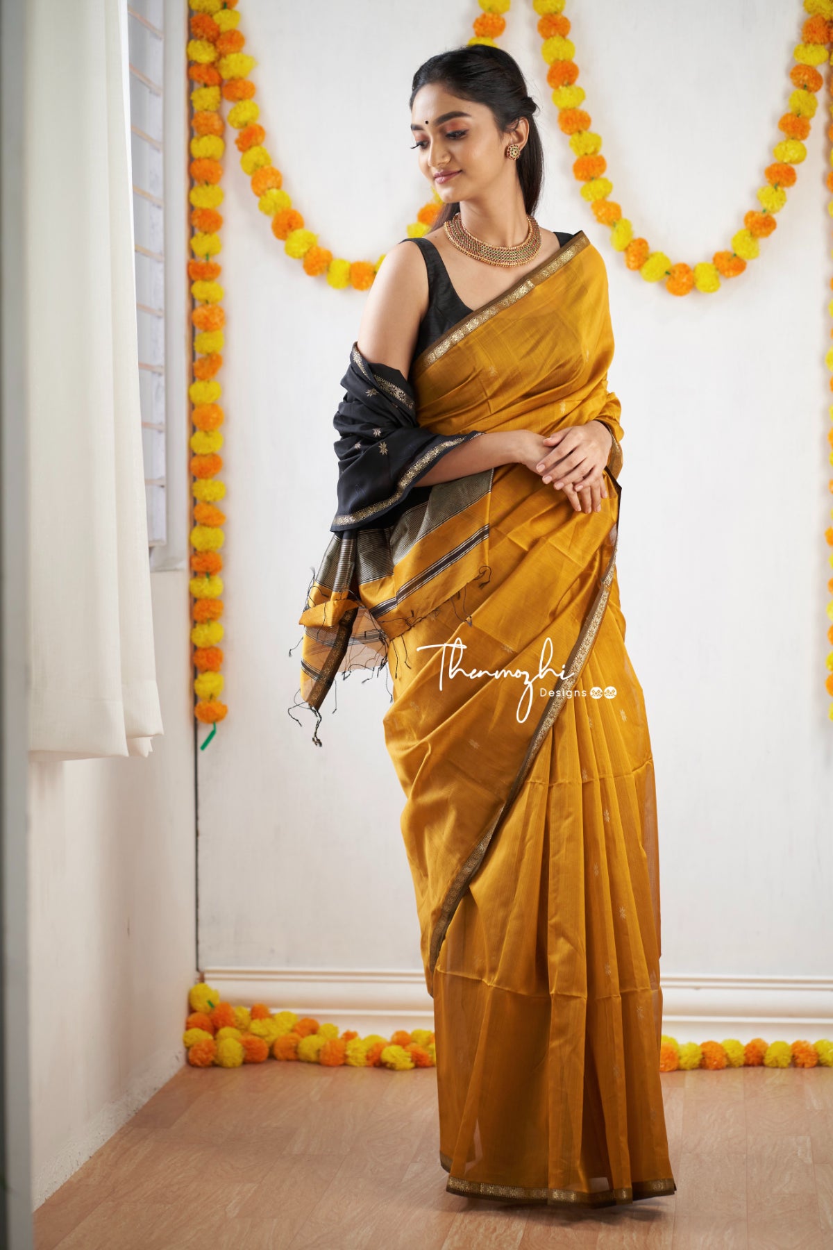 Ethnic Mustard Maheshwari Silk Cotton Handloom Saree